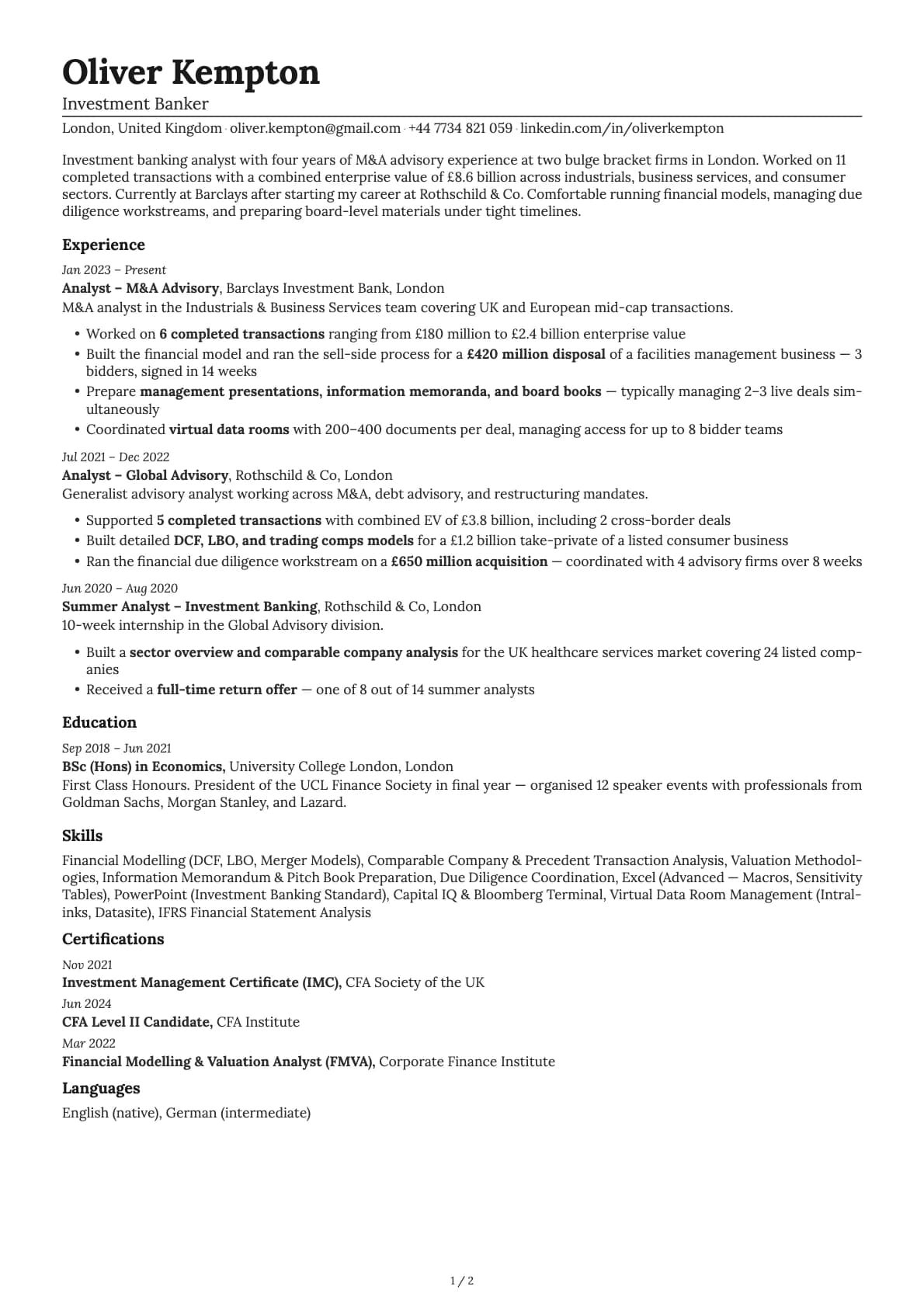 Investment Banker resume example