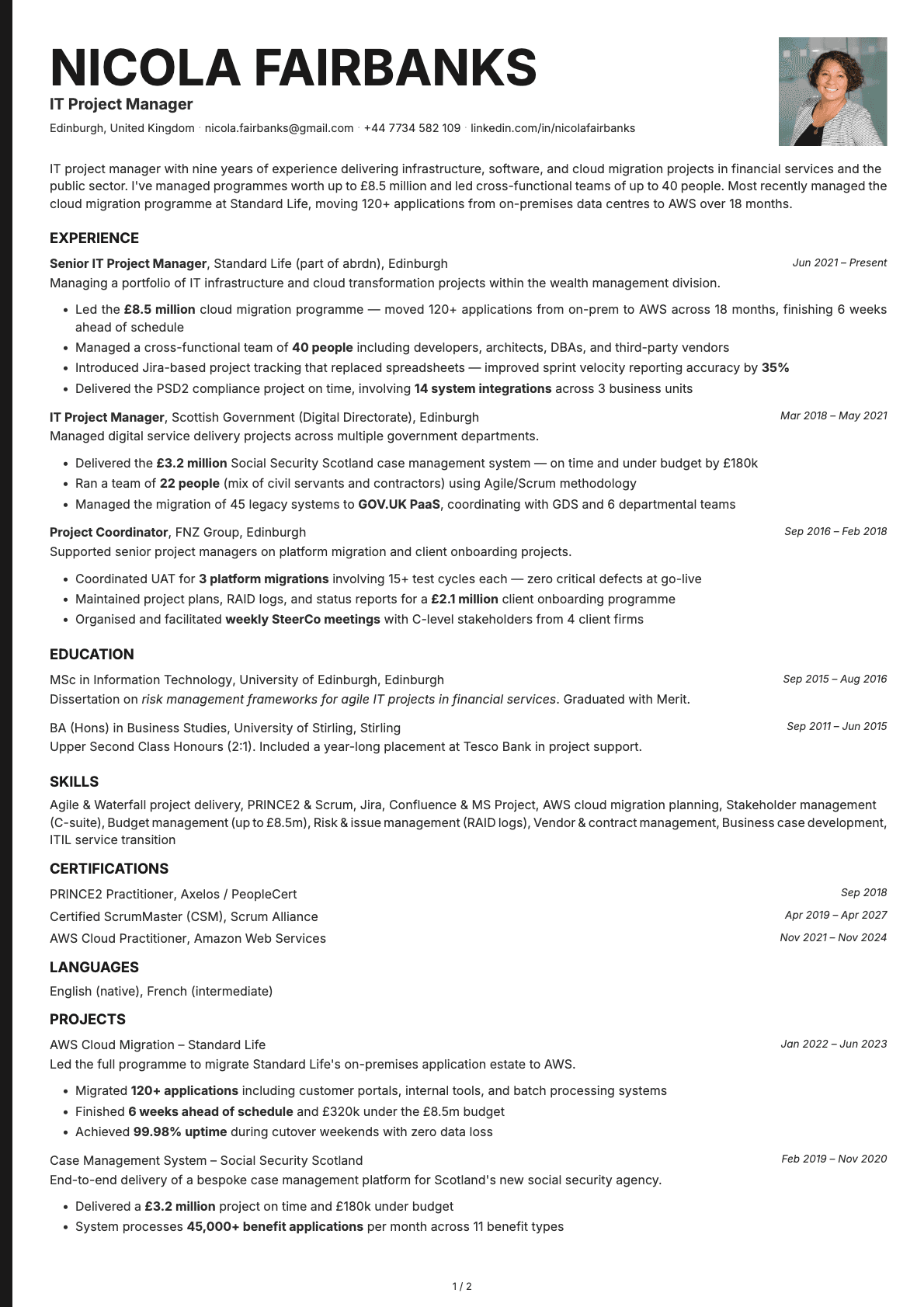 IT Project Manager resume example