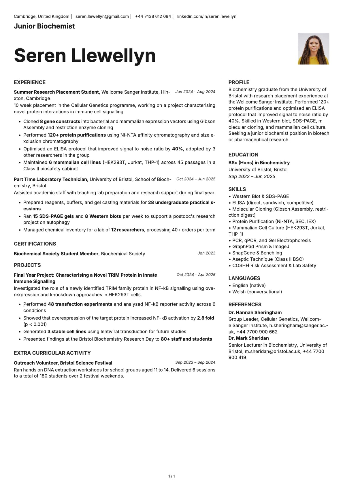 Junior Biochemist resume example