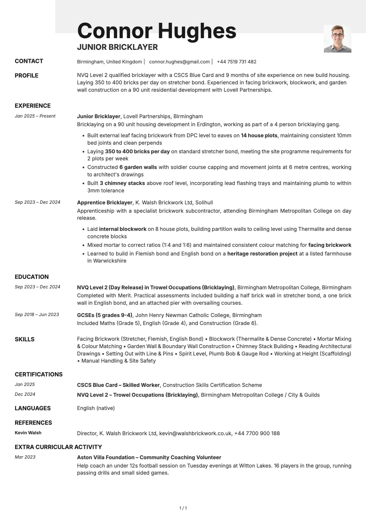 Junior Bricklayer resume example