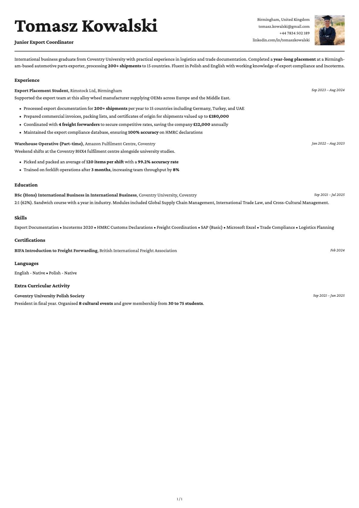 Junior Export Coordinator resume example