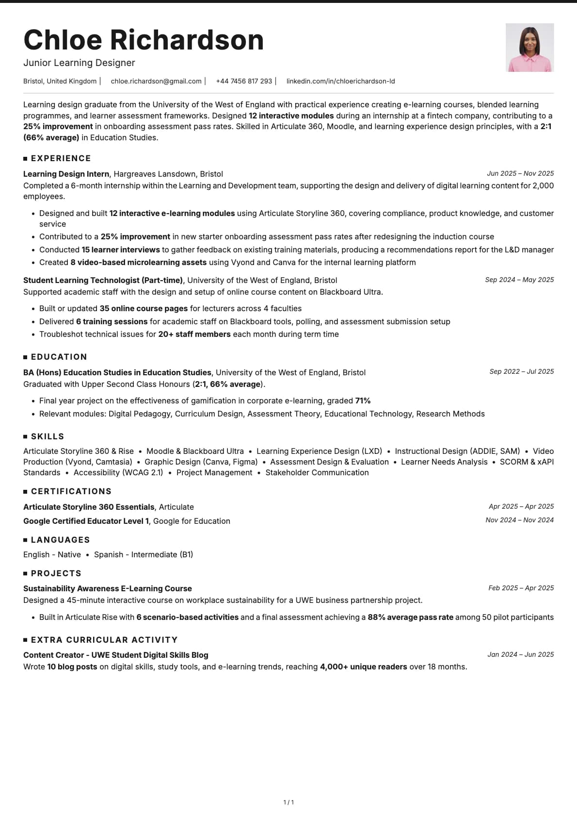 Junior Learning Designer resume example