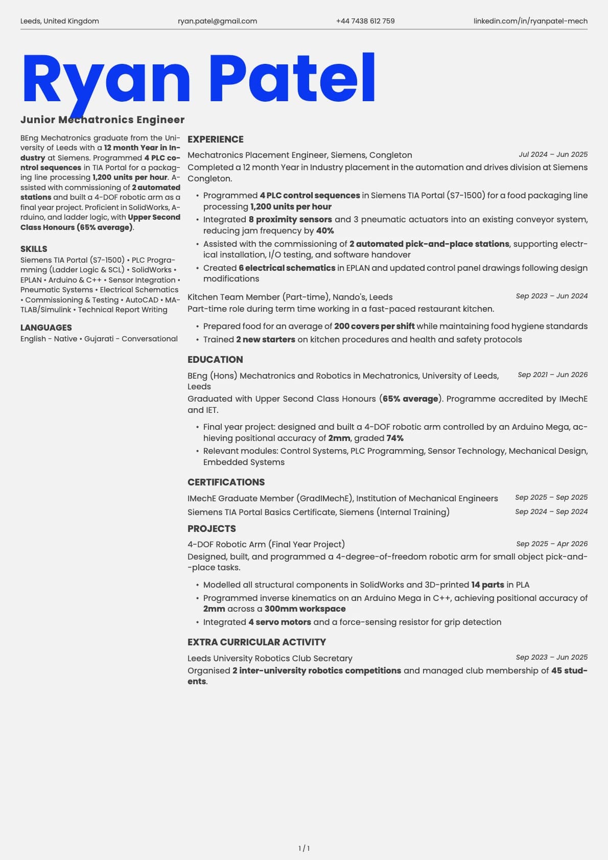 Junior Mechatronics Engineer resume example