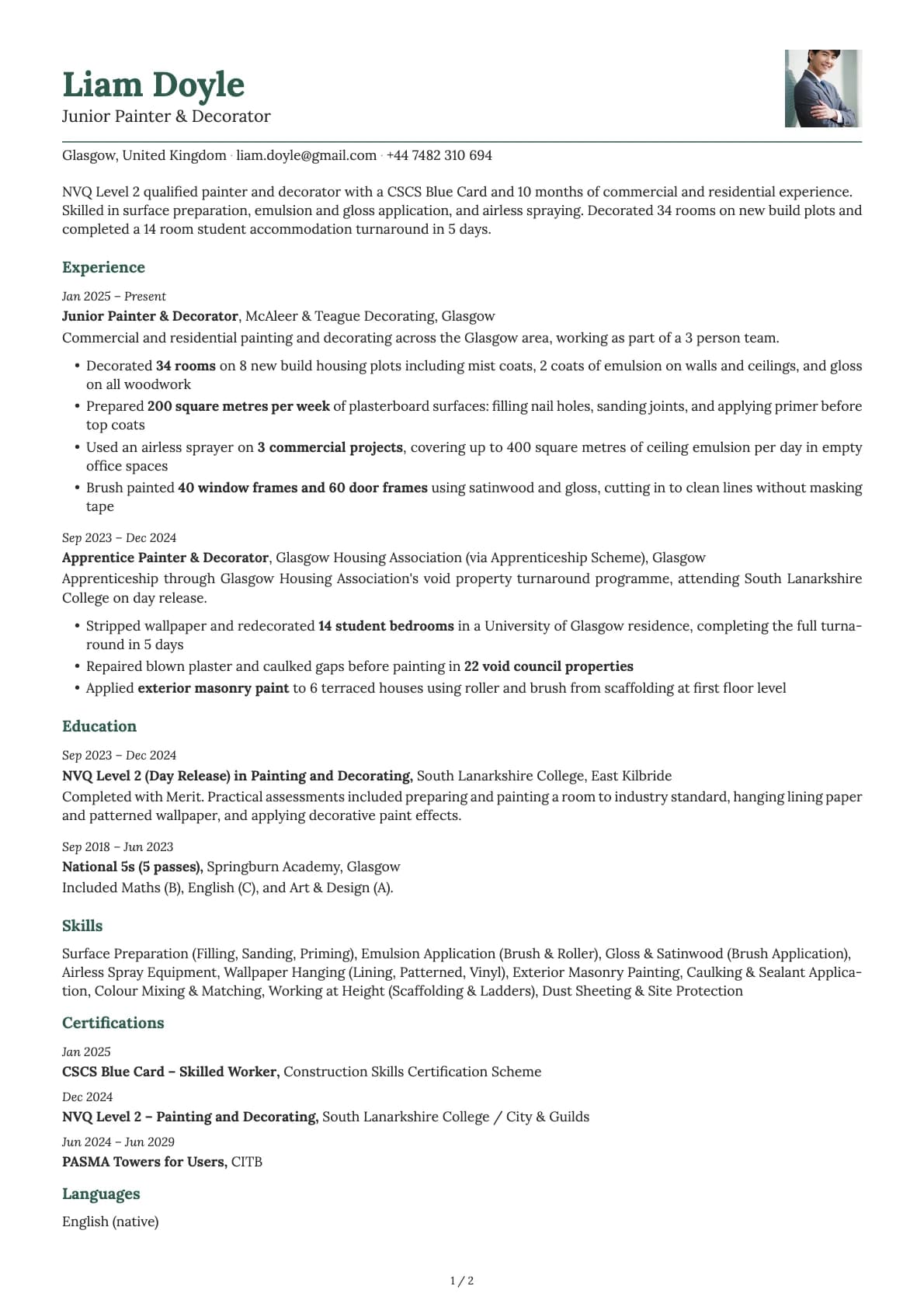Junior Painter & Decorator resume example