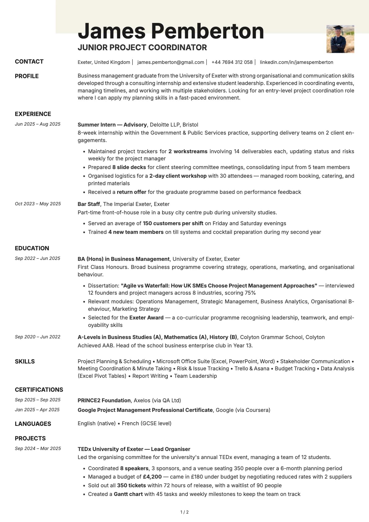 Junior Project Coordinator resume example