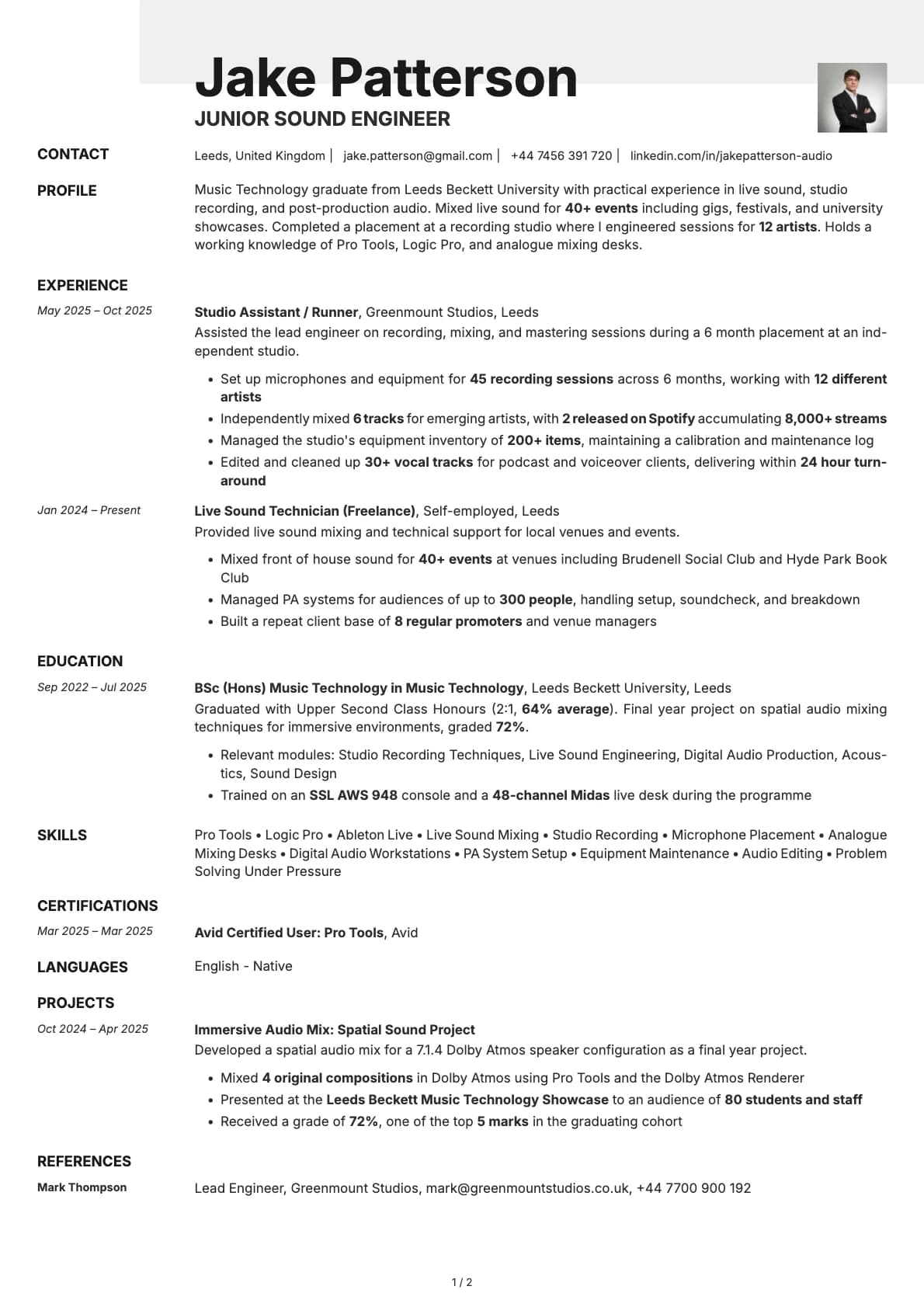 Junior Sound Engineer resume example