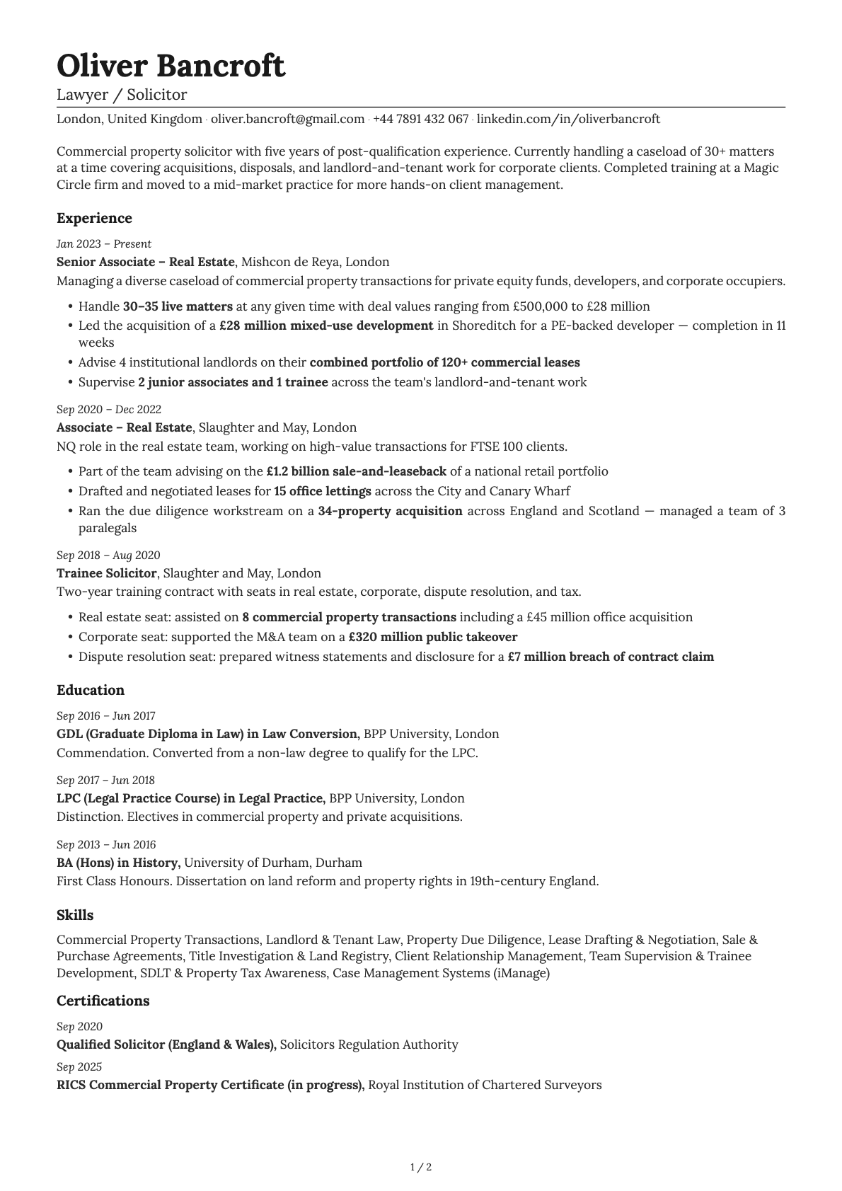 Lawyer / Solicitor resume example