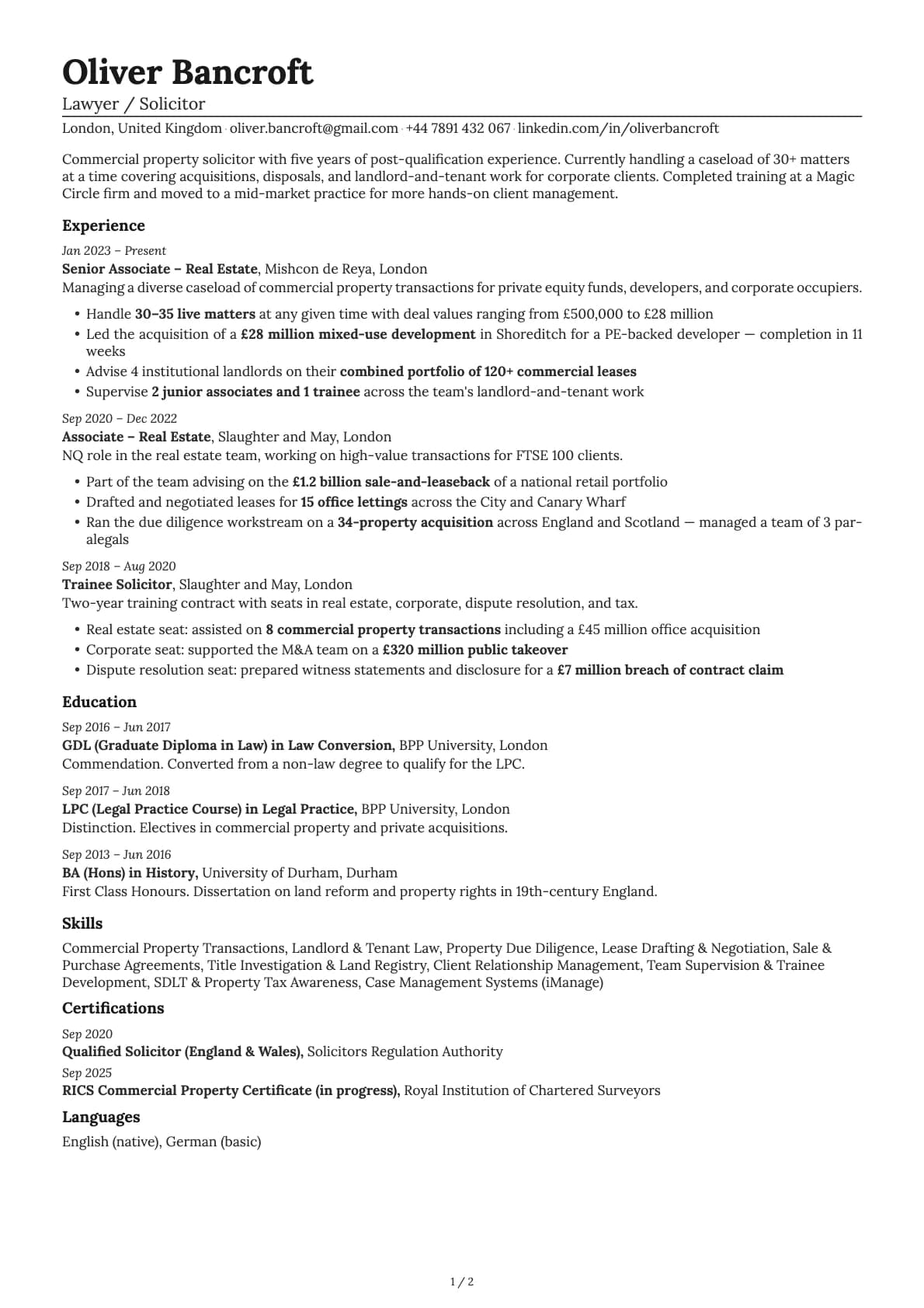 Lawyer / Solicitor resume example