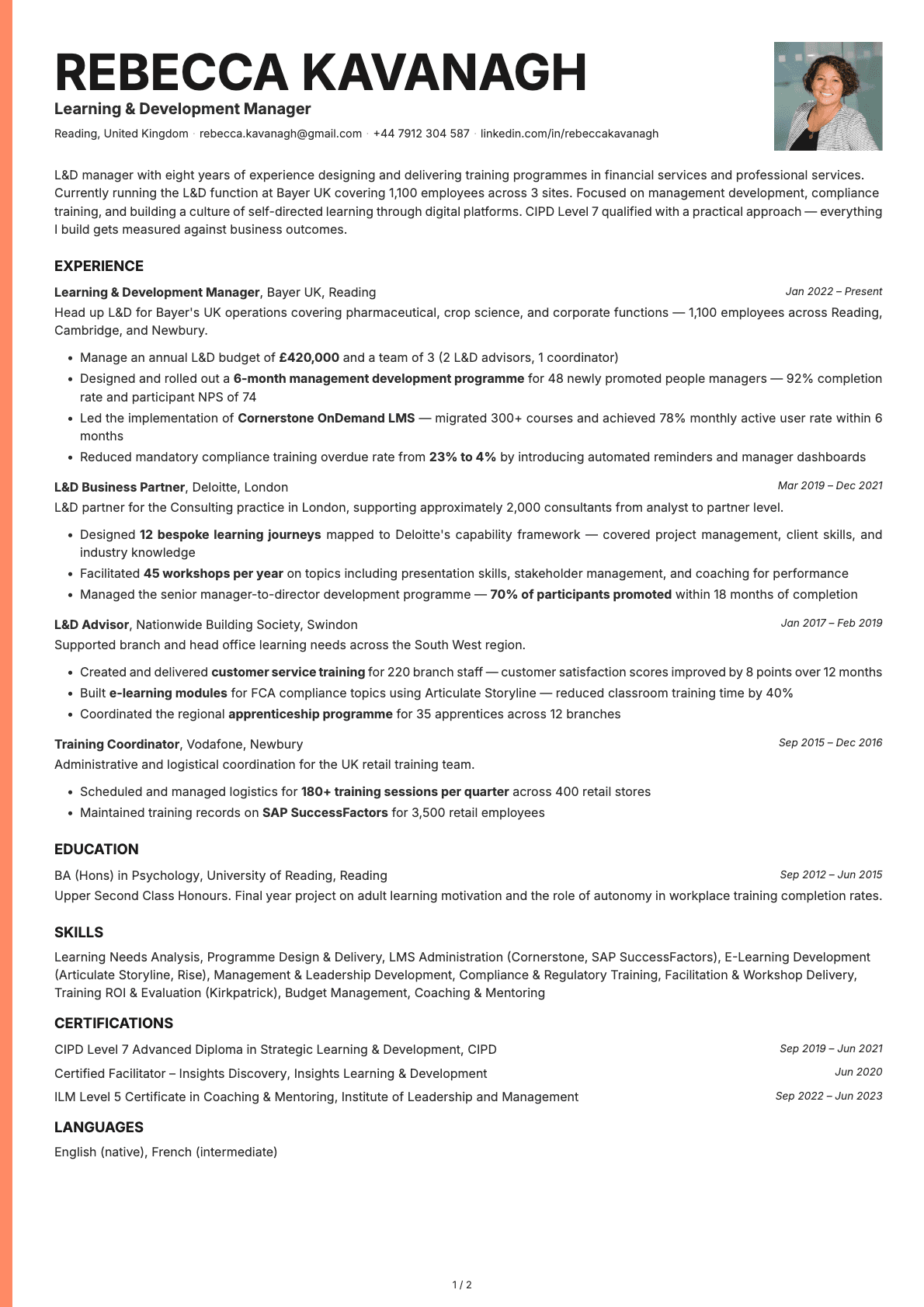 Learning & Development Manager resume example
