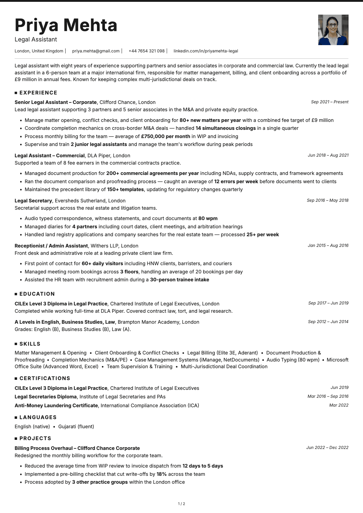 Legal Assistant resume example