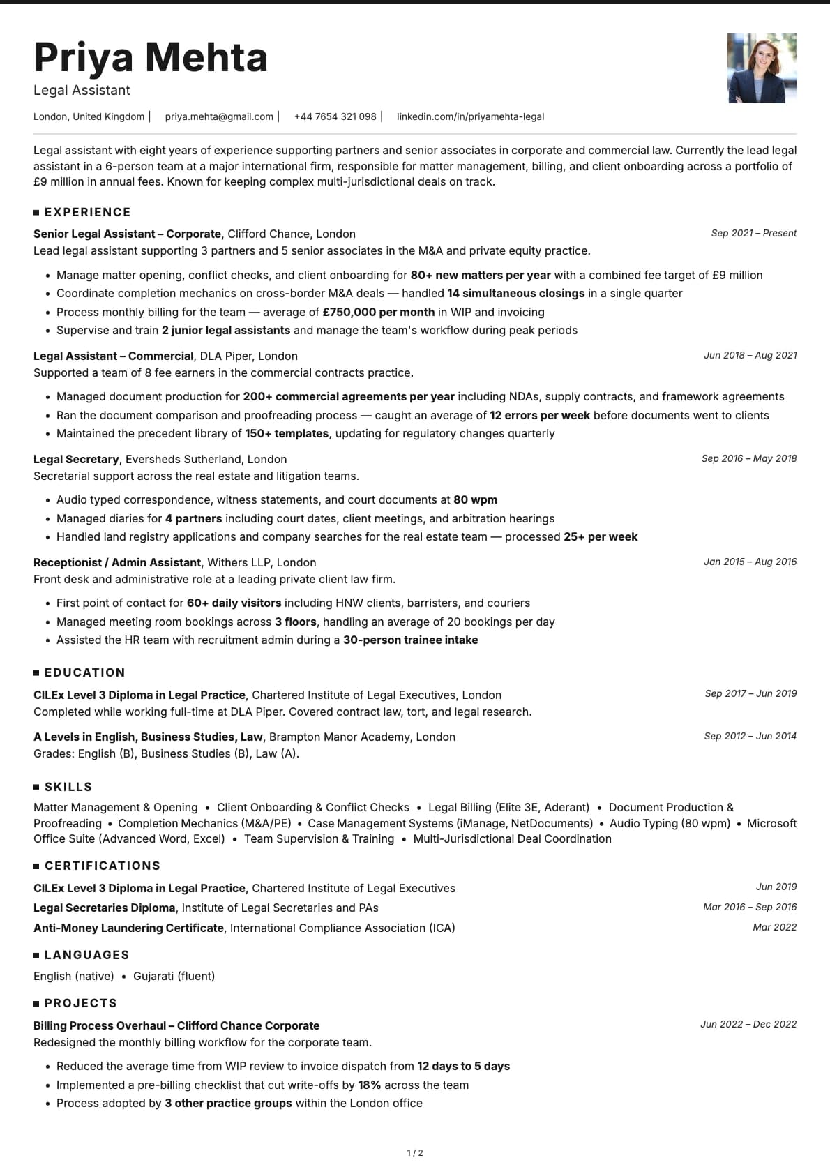 Legal Assistant resume example
