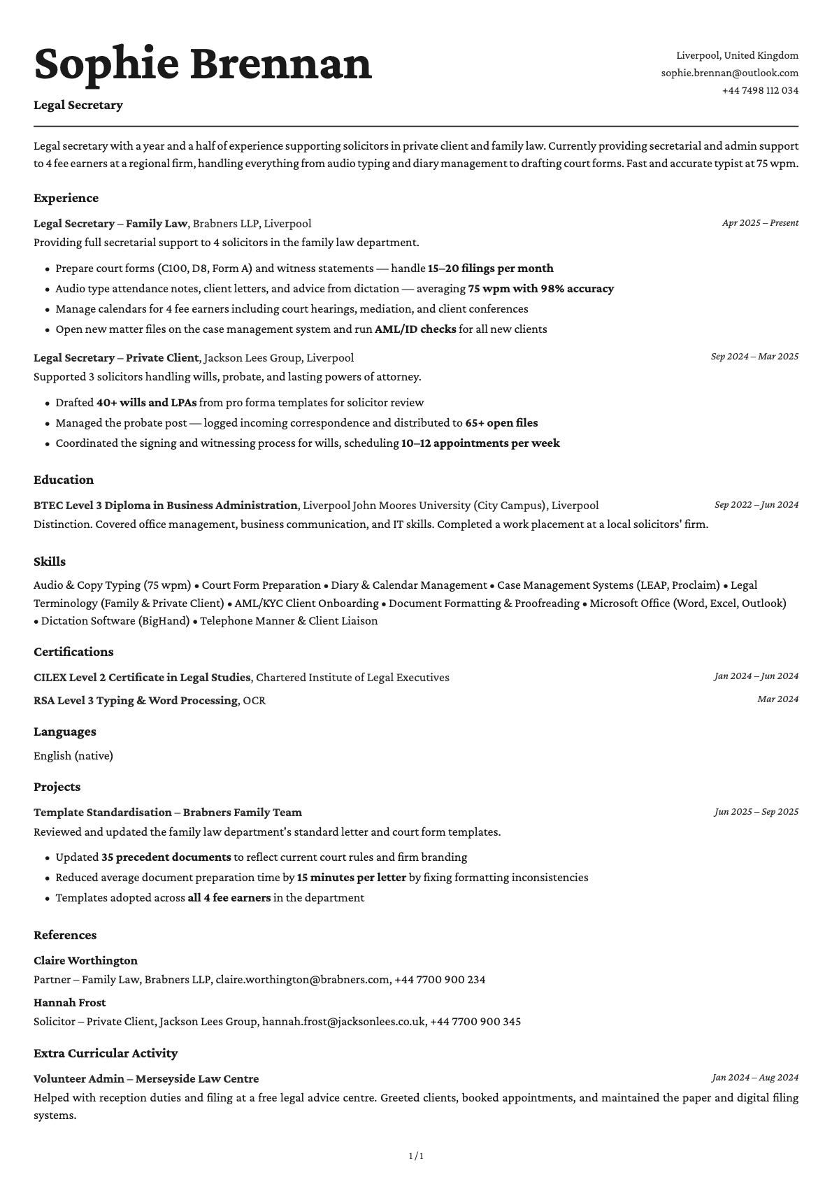 Legal Secretary resume example