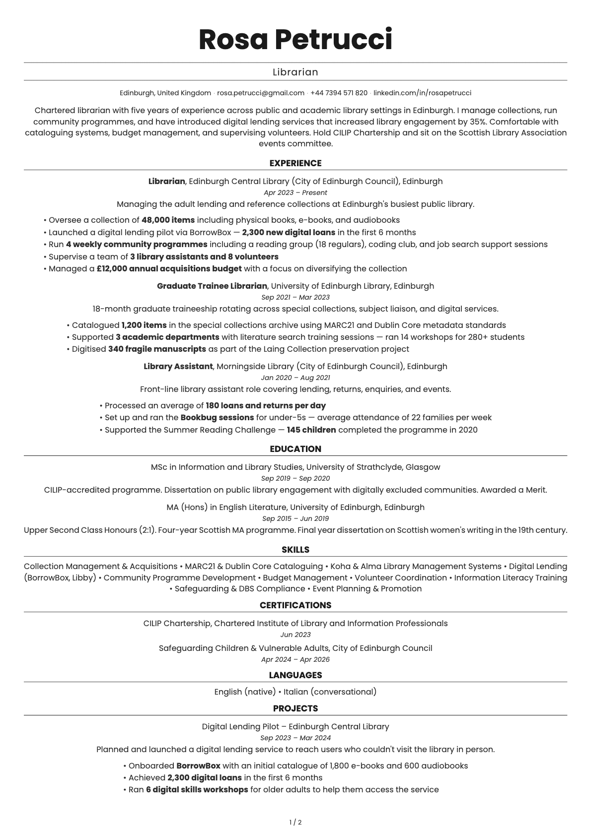 Librarian resume example