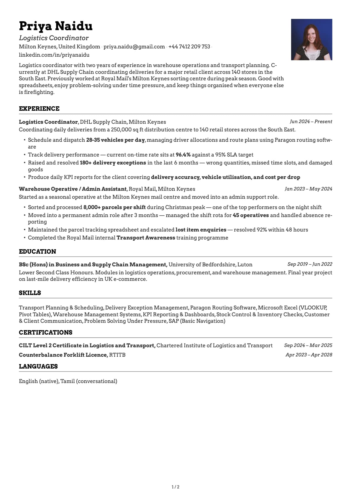 Logistics Coordinator resume example