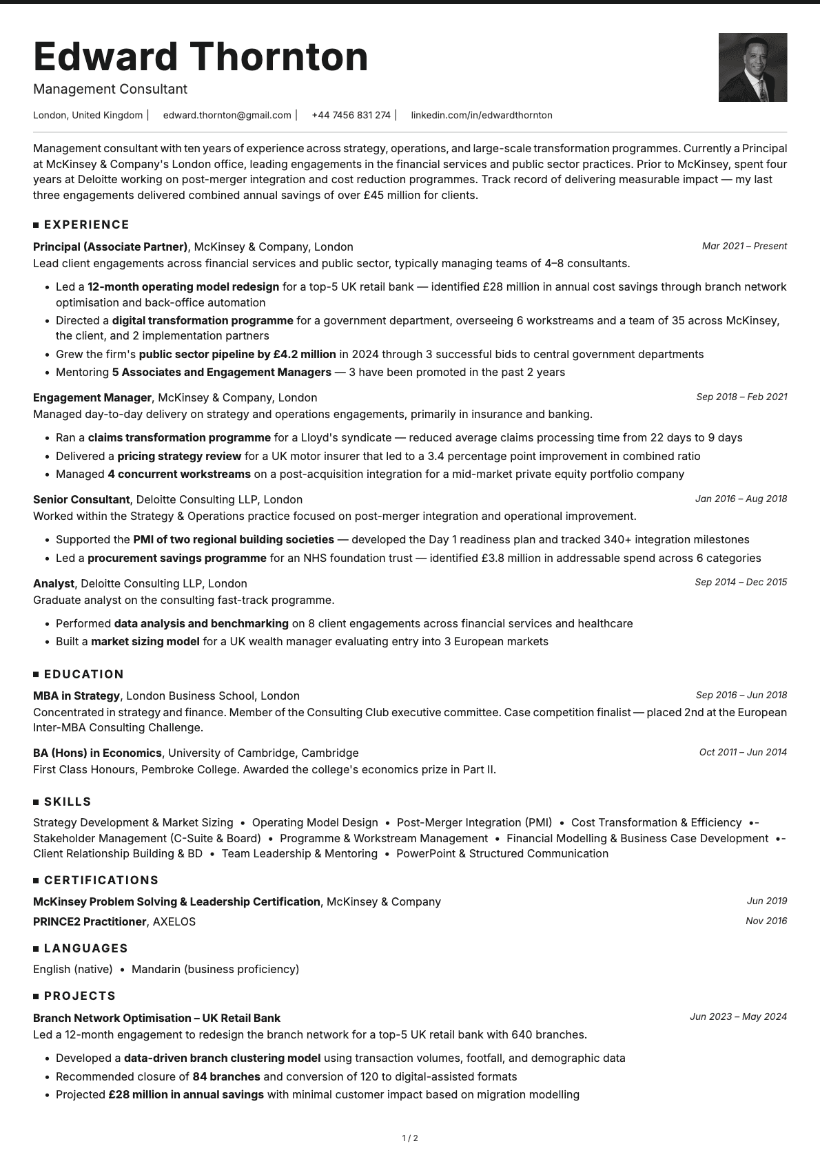 Management Consultant resume example