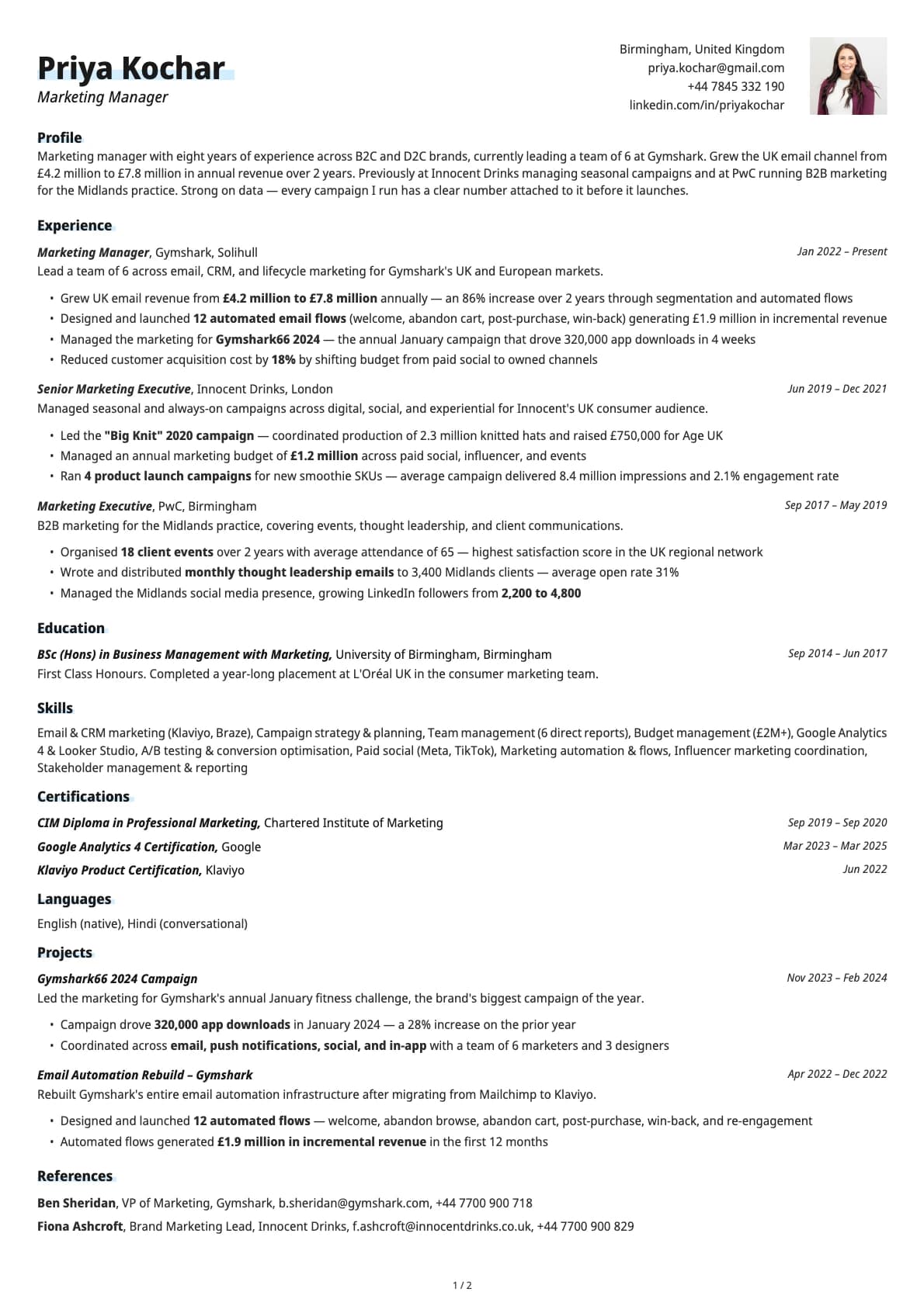 Marketing Manager resume example