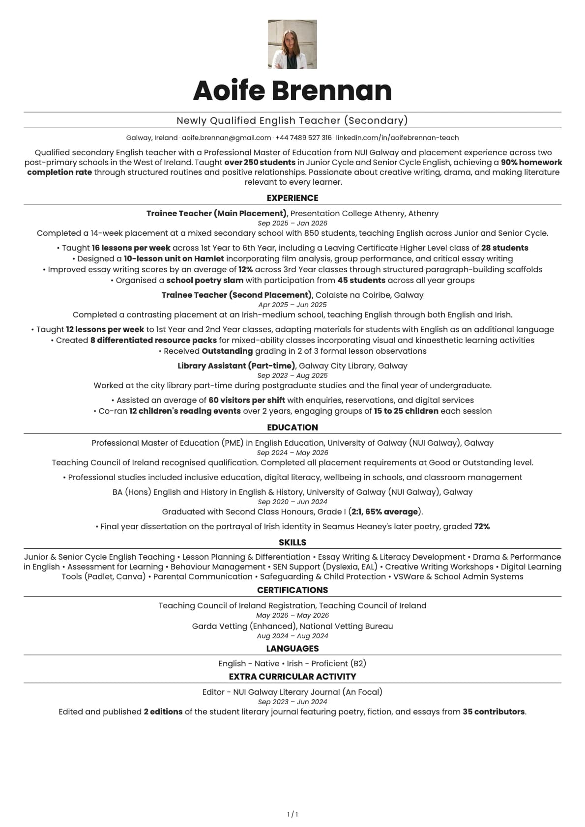 Newly Qualified Secondary English Teacher resume example