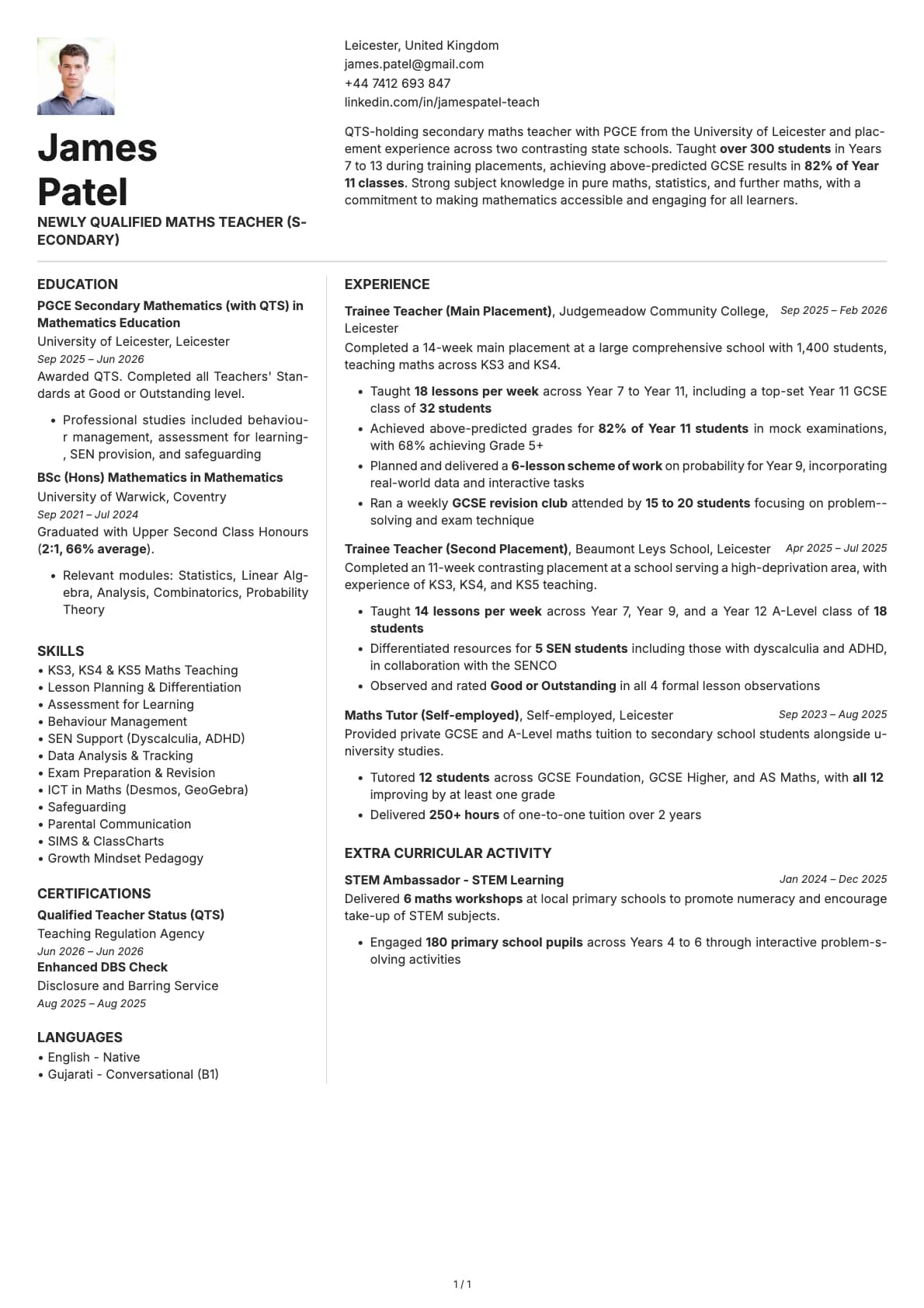 Newly Qualified Secondary Maths Teacher resume example