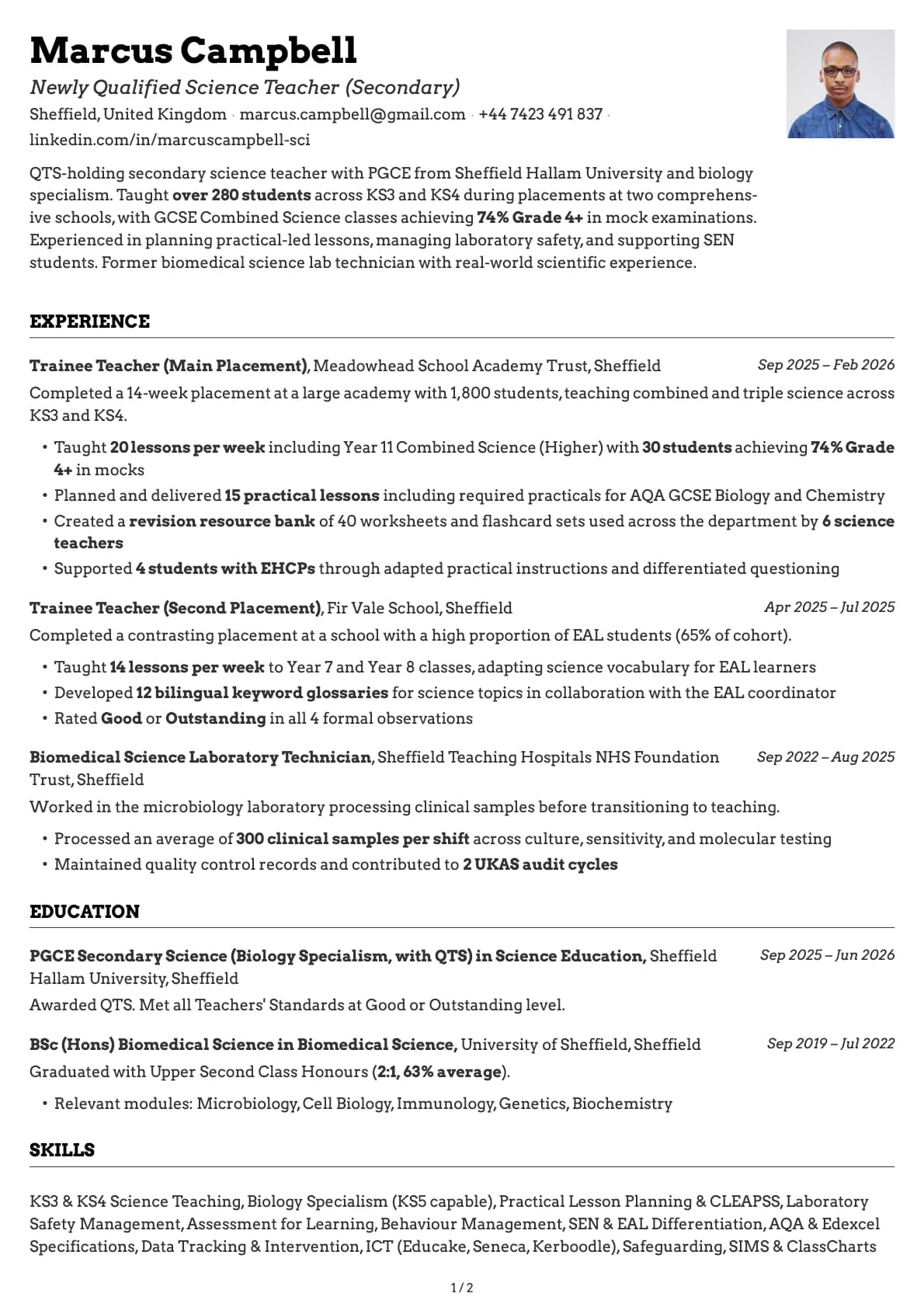 Newly Qualified Secondary Science Teacher resume example