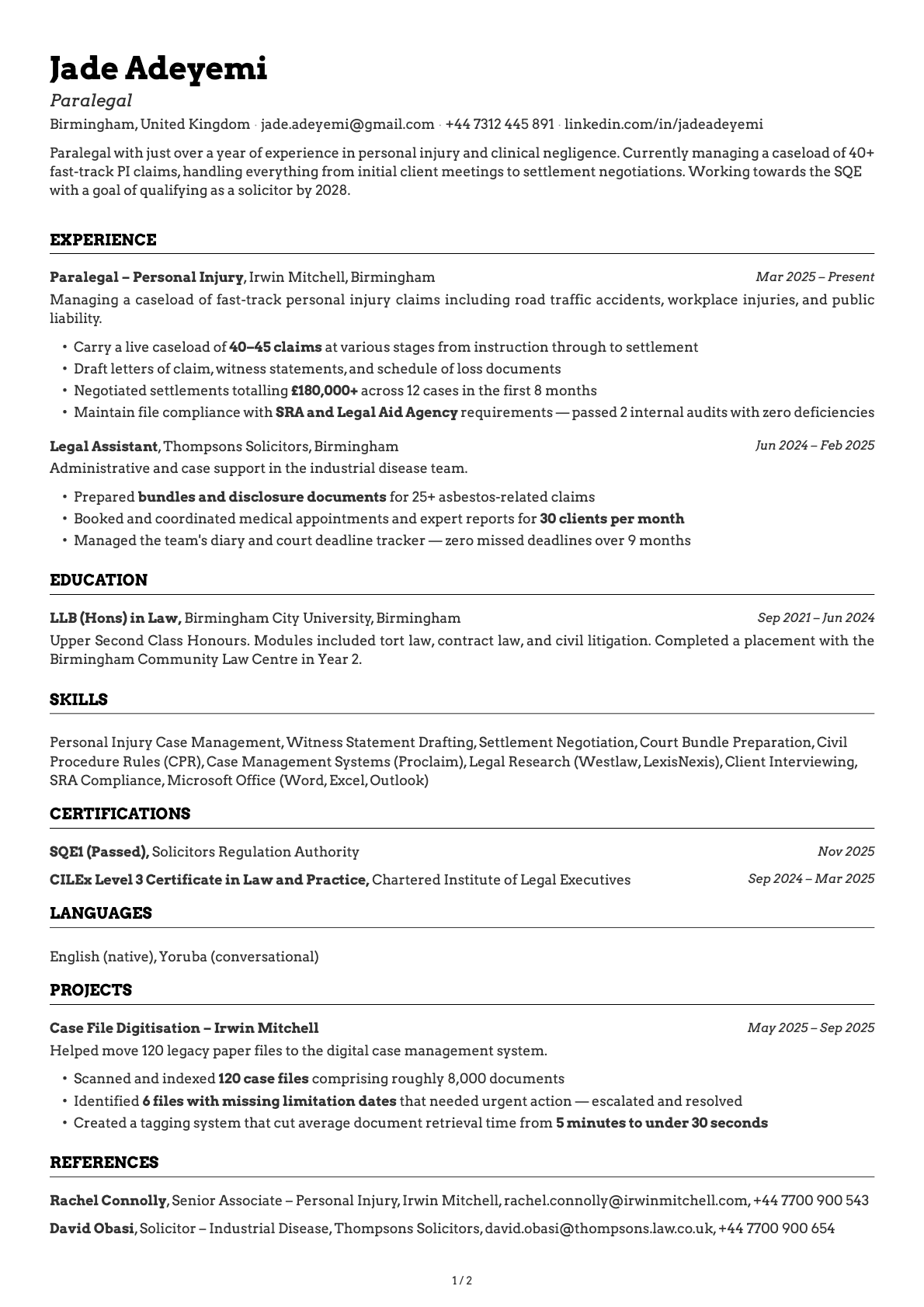 Paralegal resume example