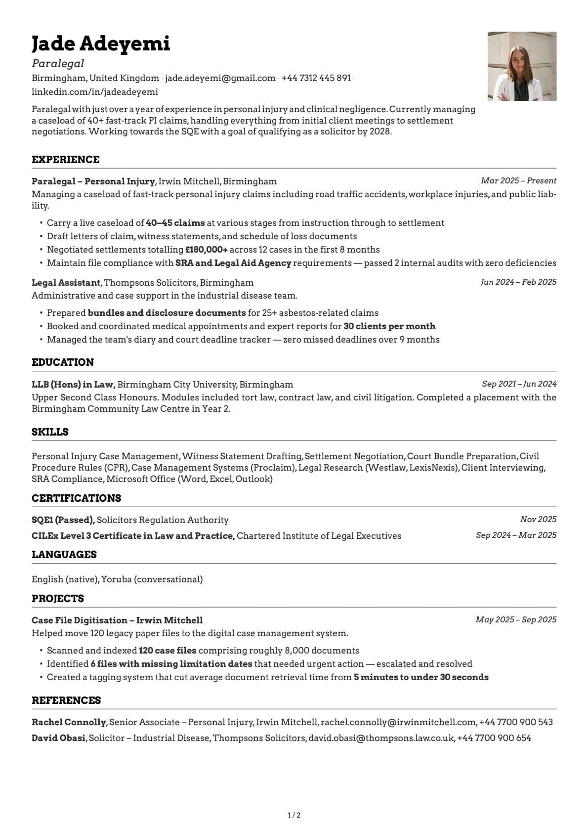 Paralegal resume example