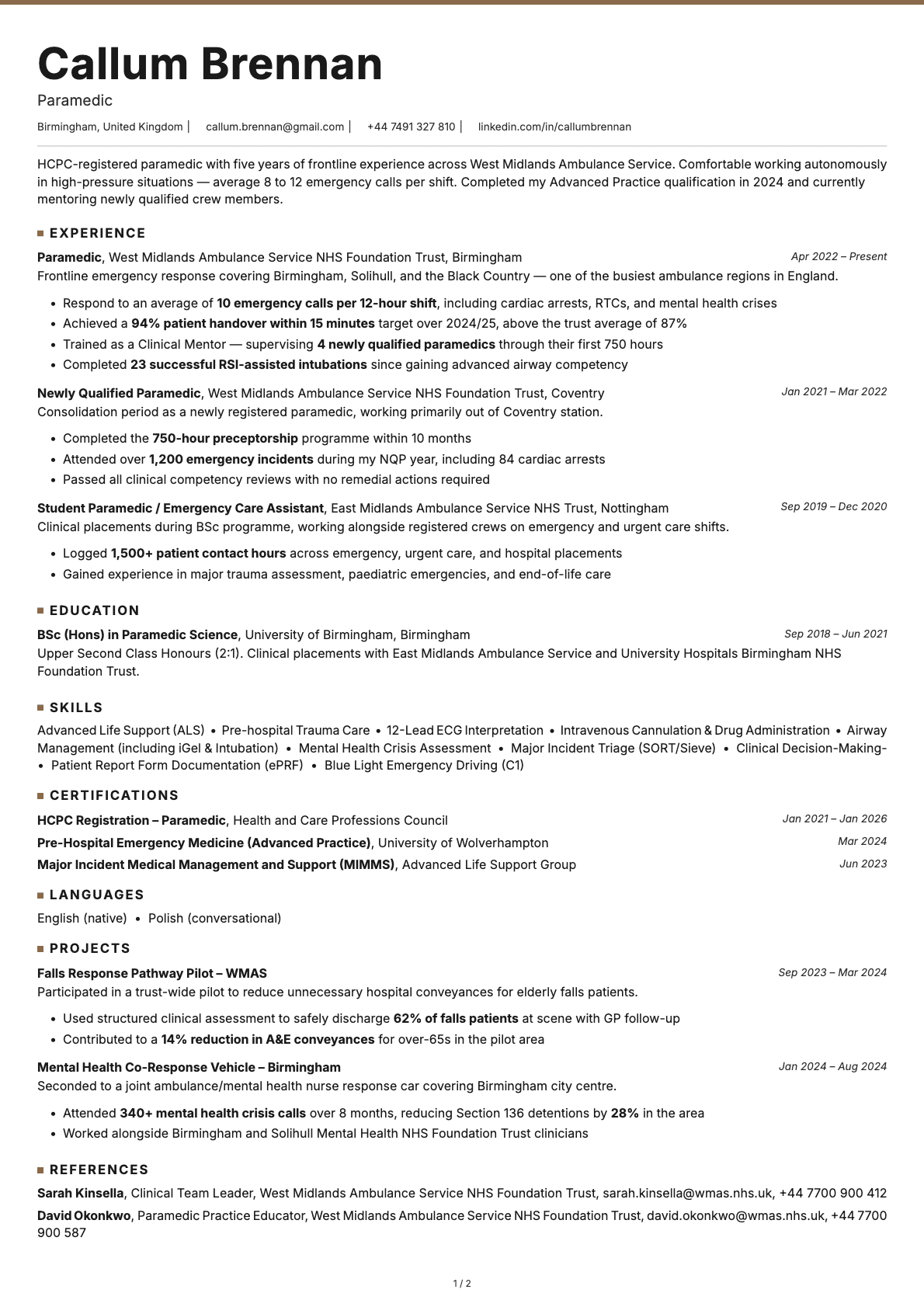 Paramedic resume example