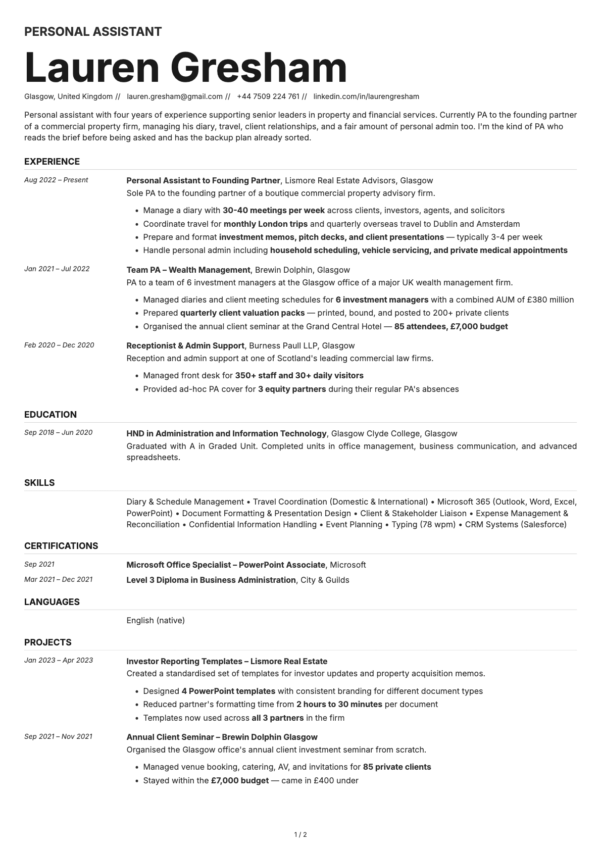 Personal Assistant resume example