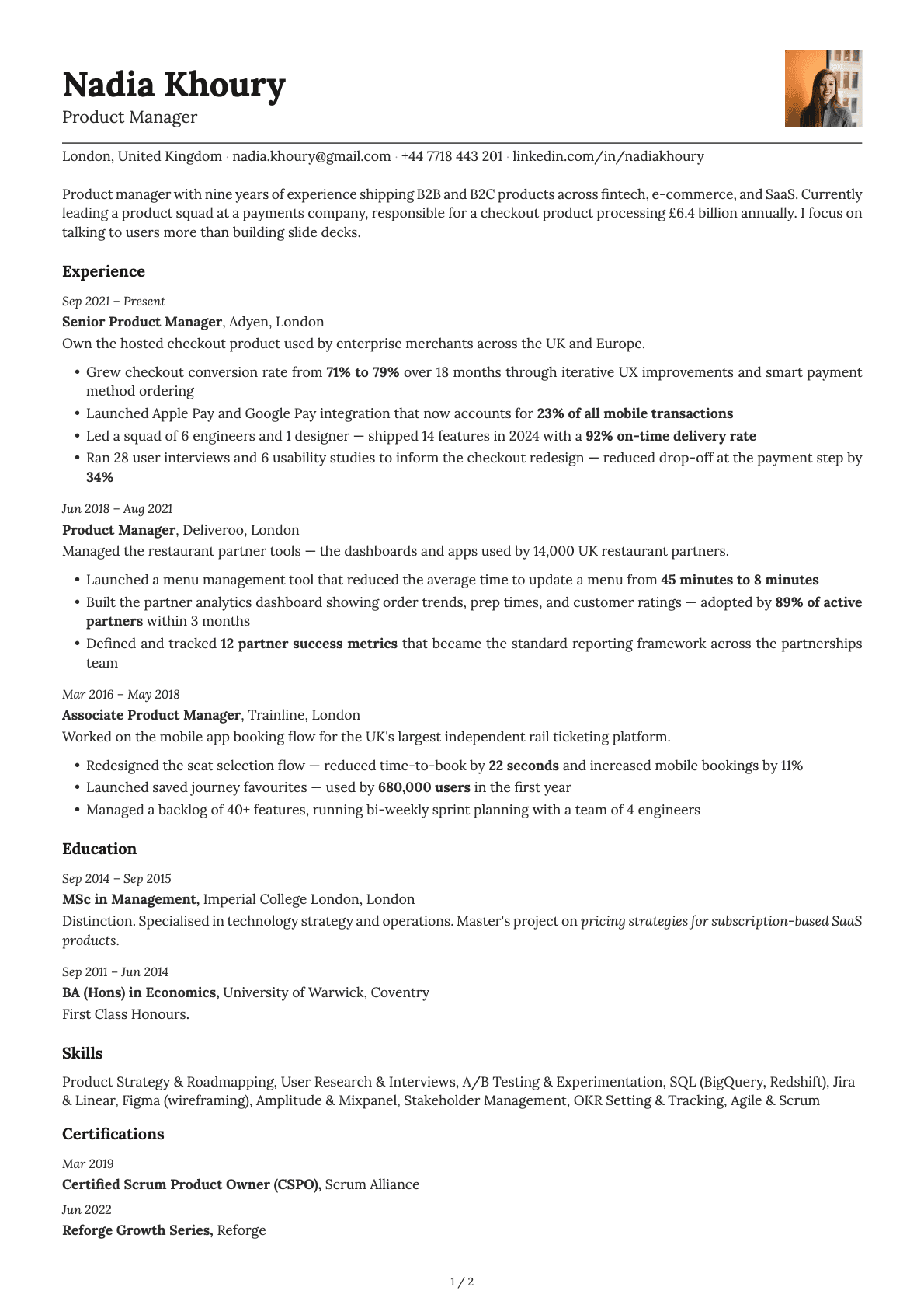 Product Manager resume example