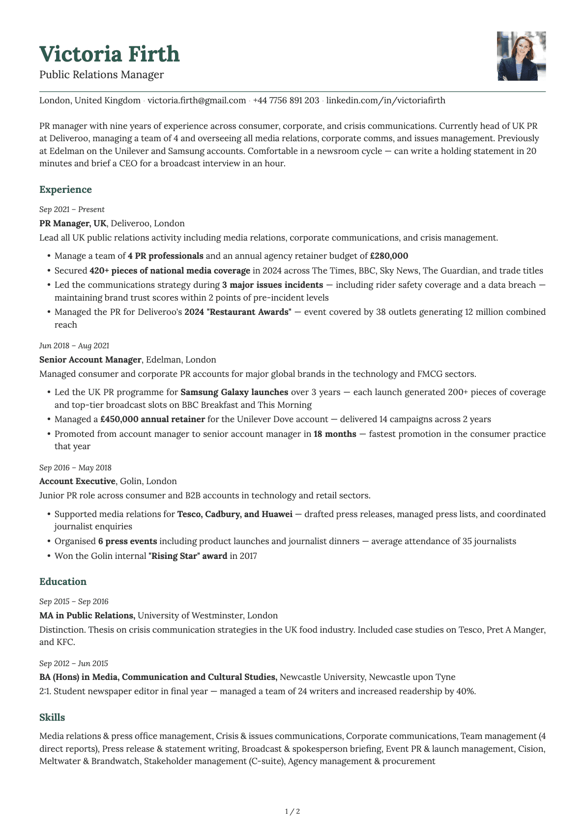 Public Relations Manager resume example
