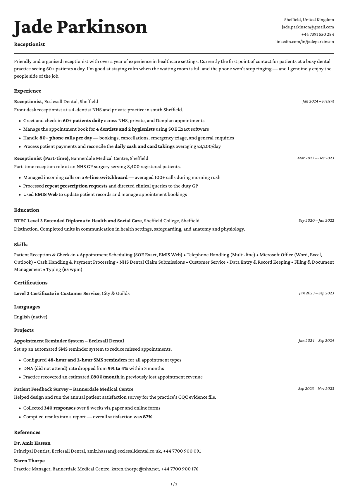 Receptionist resume example