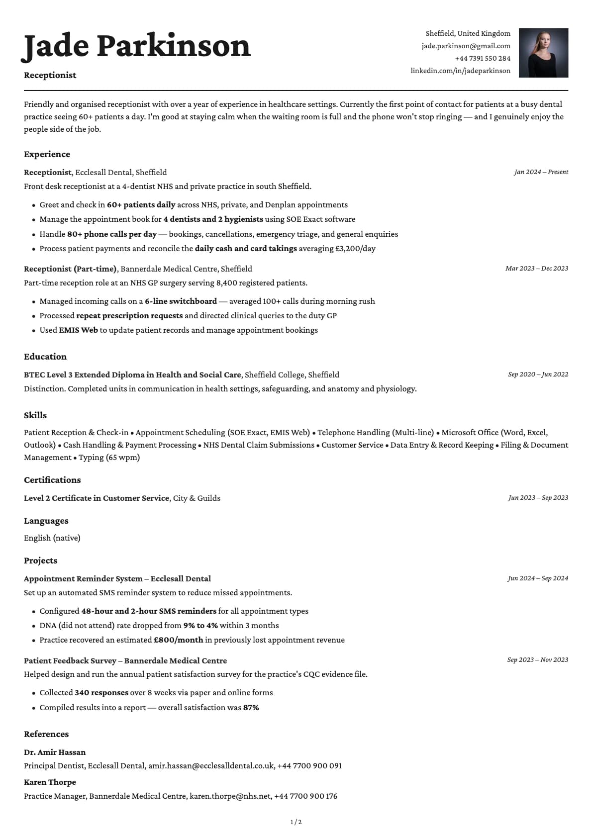 Receptionist resume example