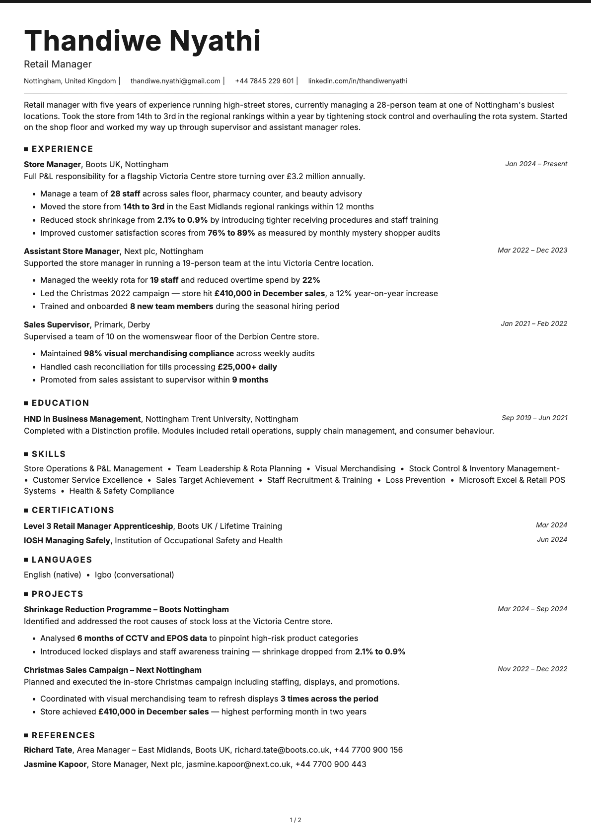 Retail Manager resume example