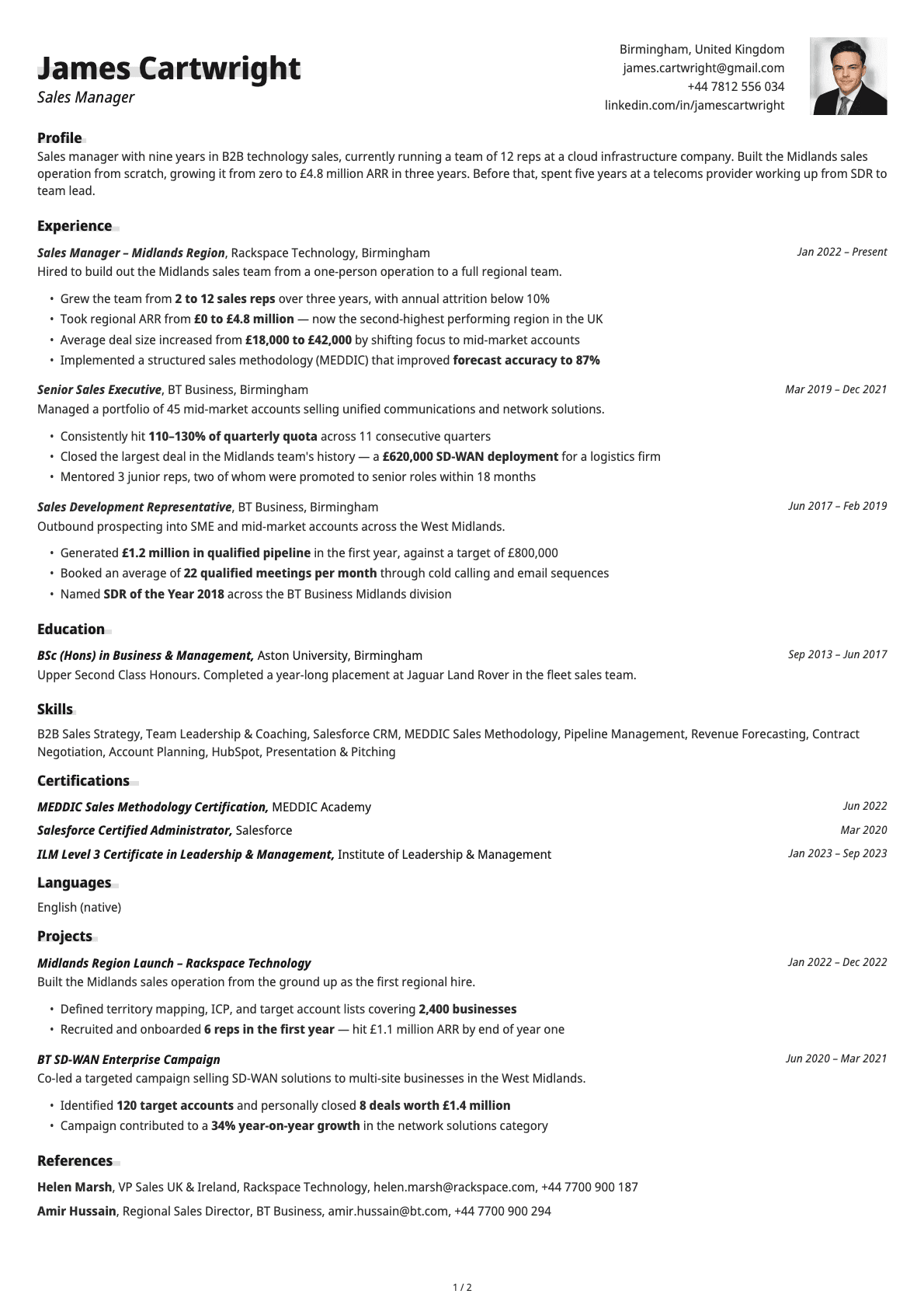 Sales Manager resume example