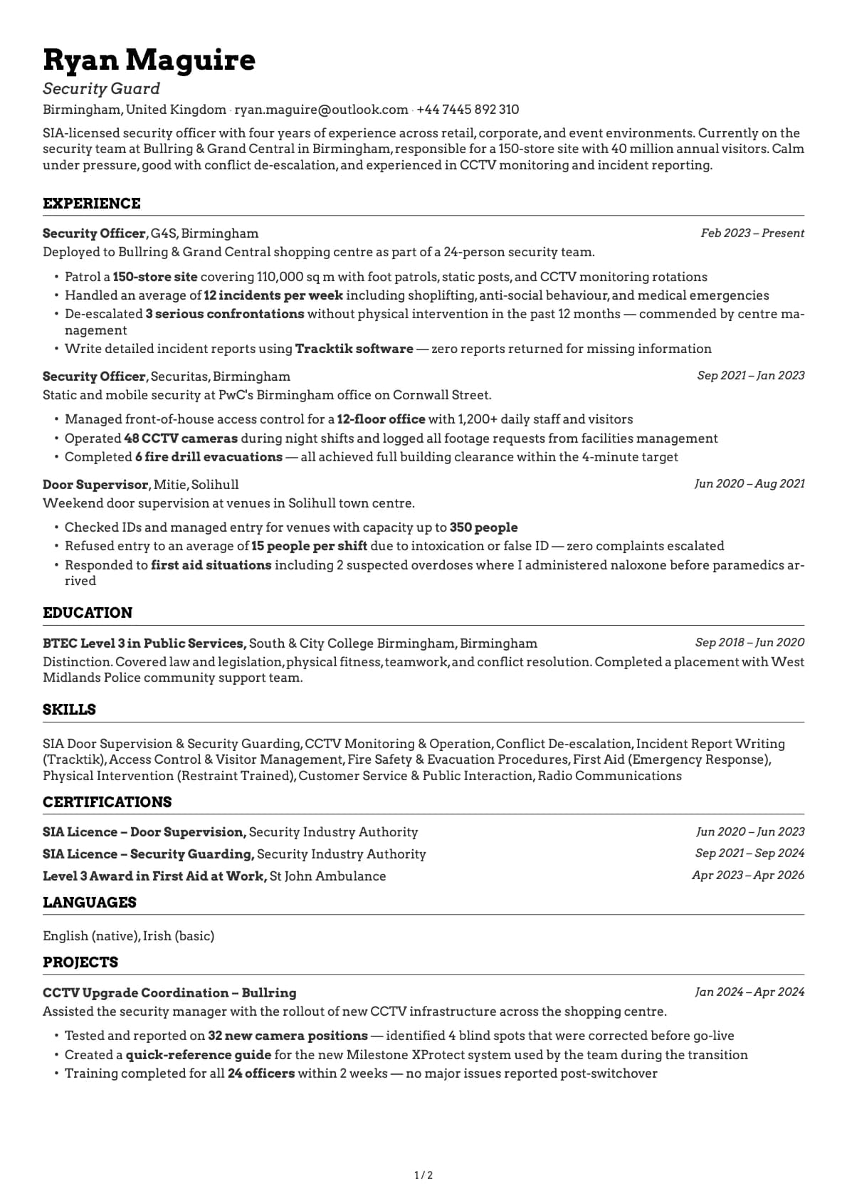 Security Guard resume example