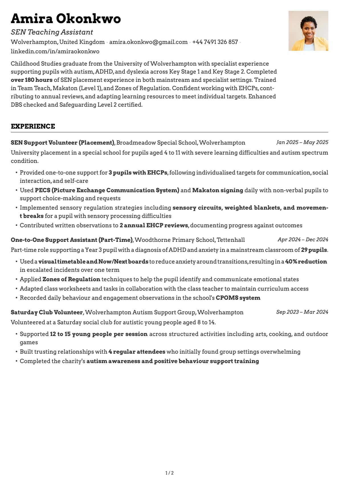 SEN Teaching Assistant resume example