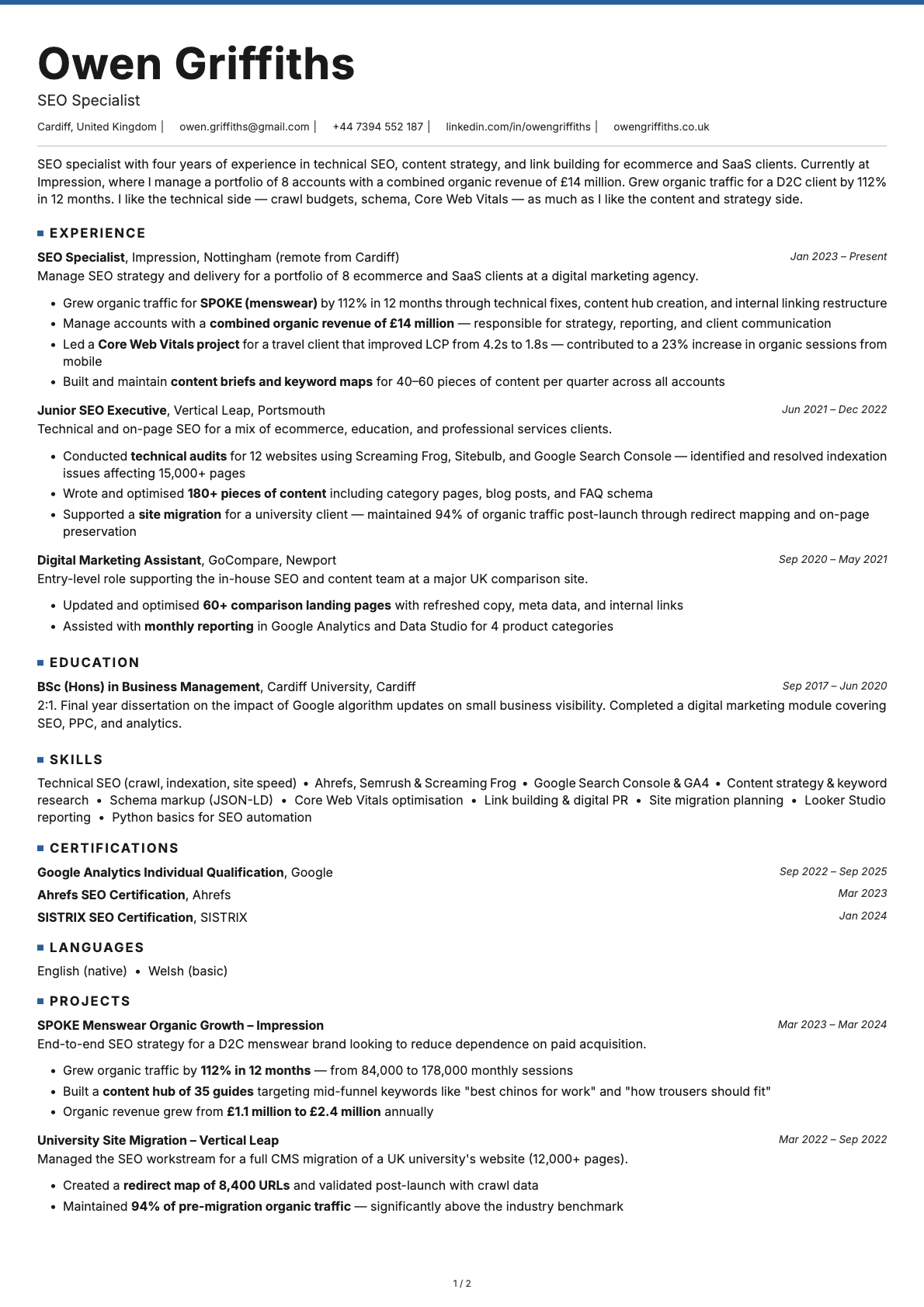 SEO Specialist resume example