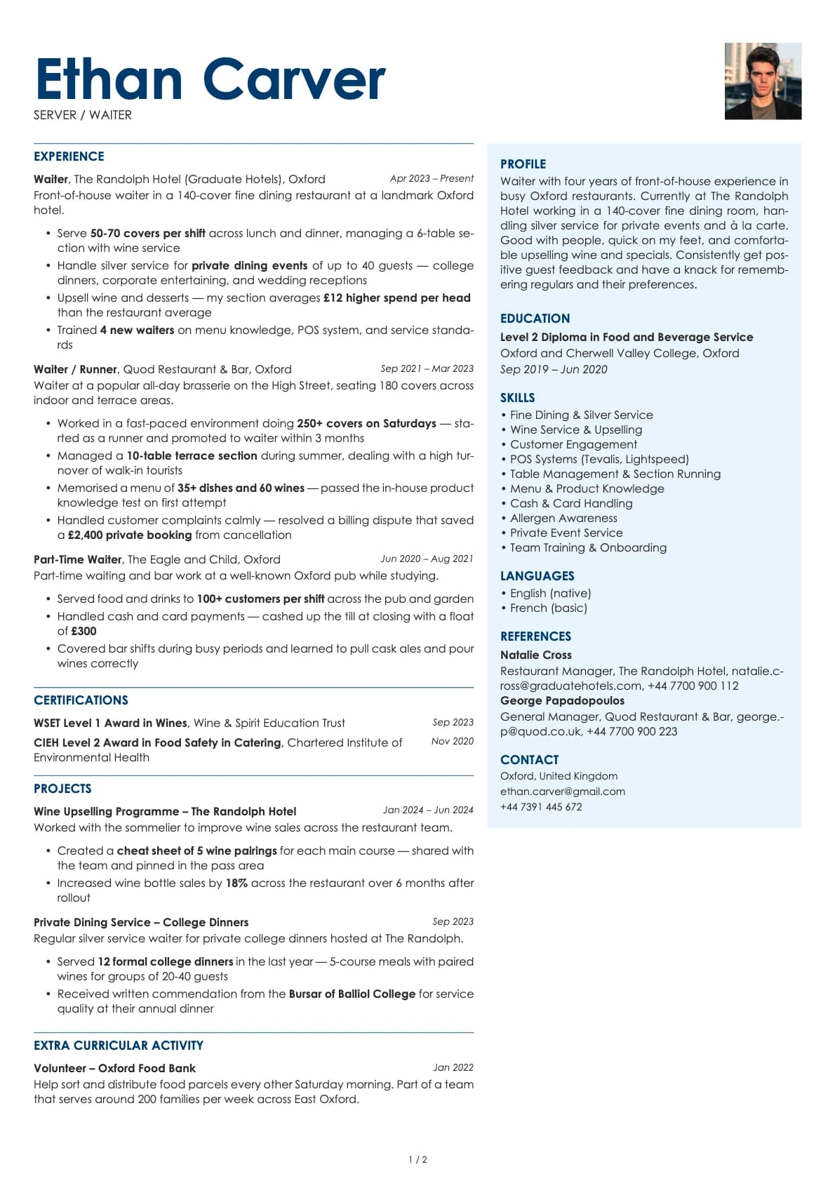Server / Waiter resume example