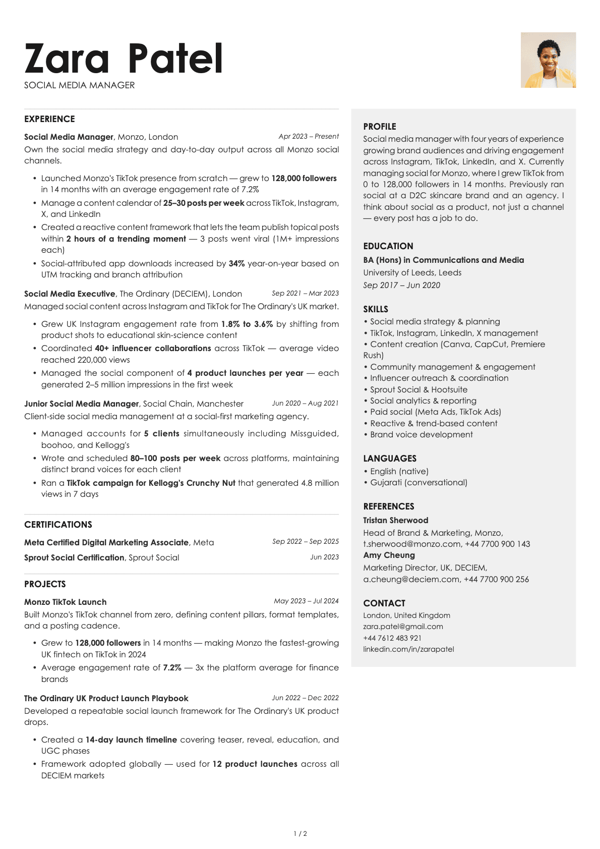 Social Media Manager resume example