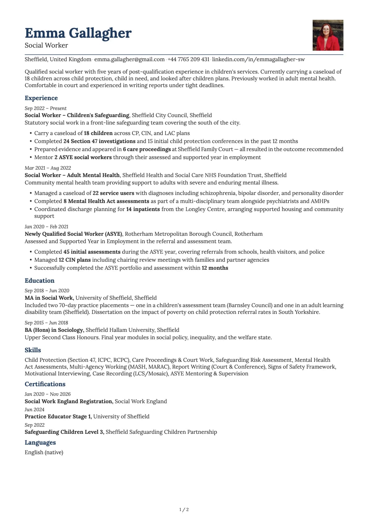Social Worker resume example