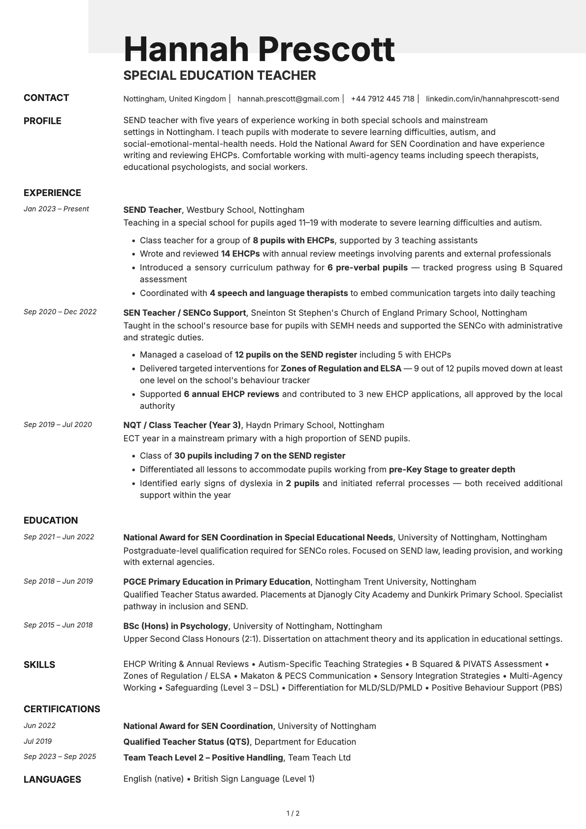 Special Education Teacher resume example