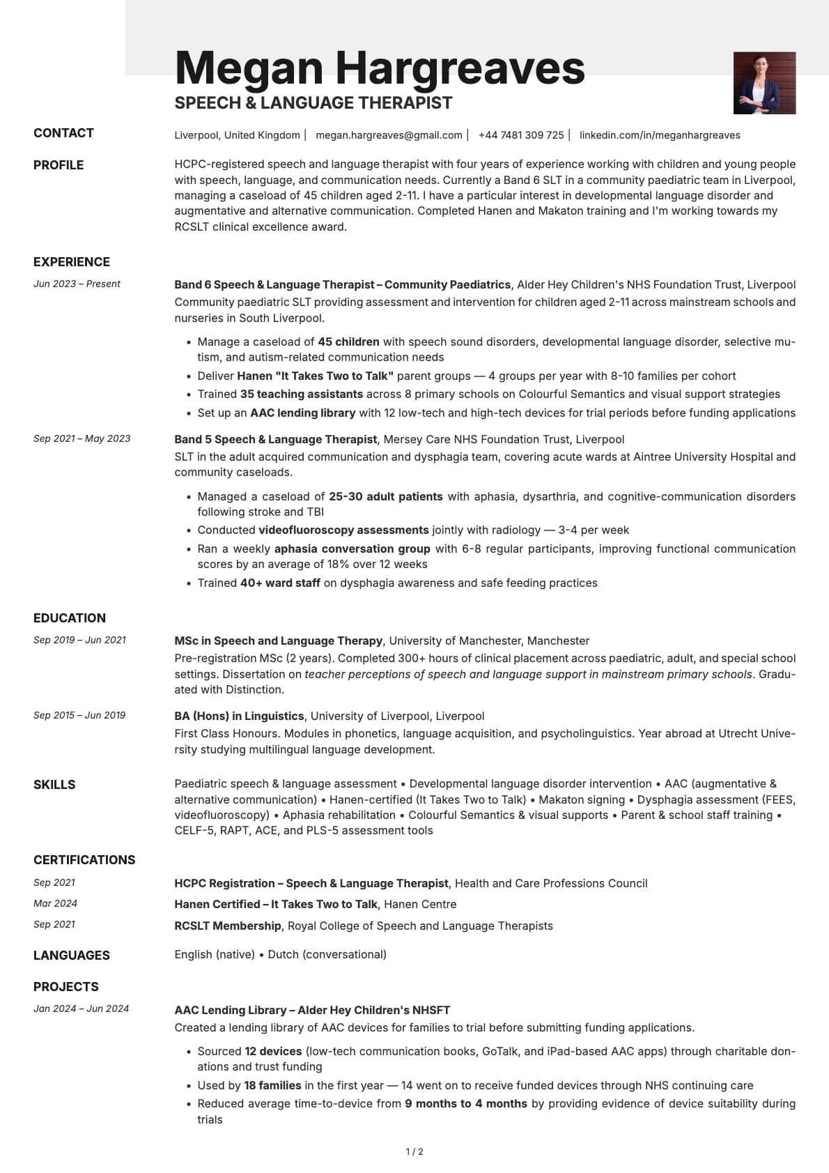 Speech & Language Therapist resume example