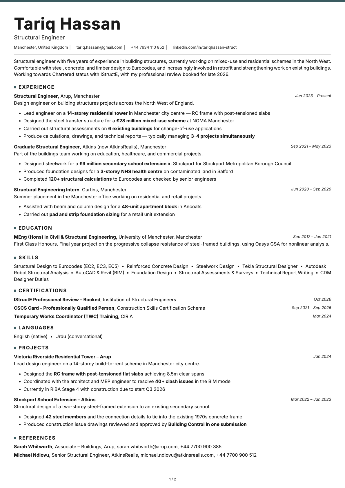 Structural Engineer resume example