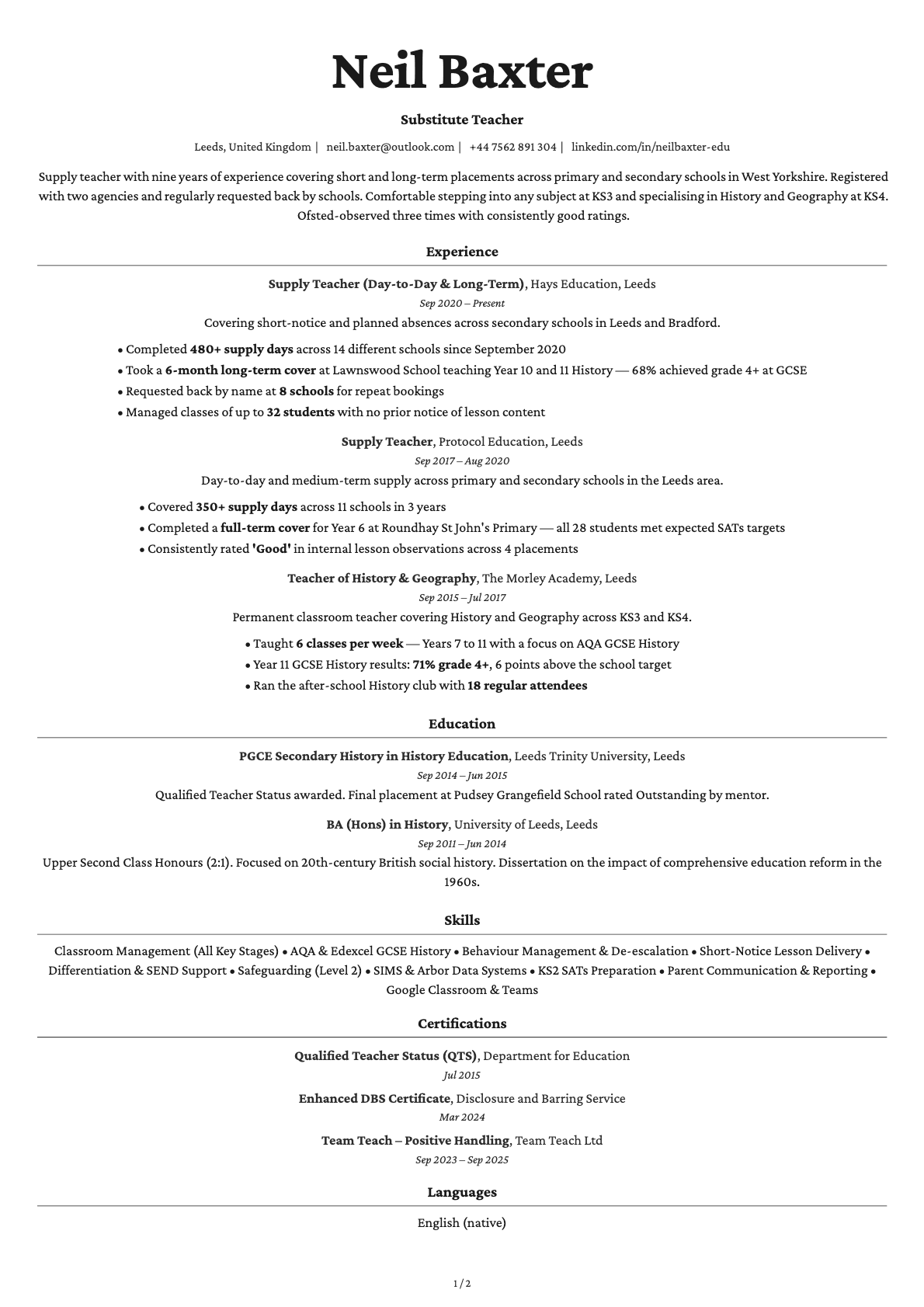 Substitute Teacher resume example