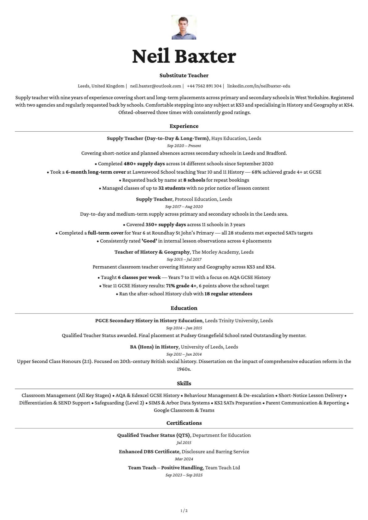 Substitute Teacher resume example