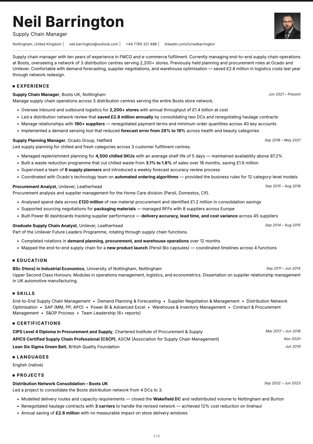 Supply Chain Manager resume example