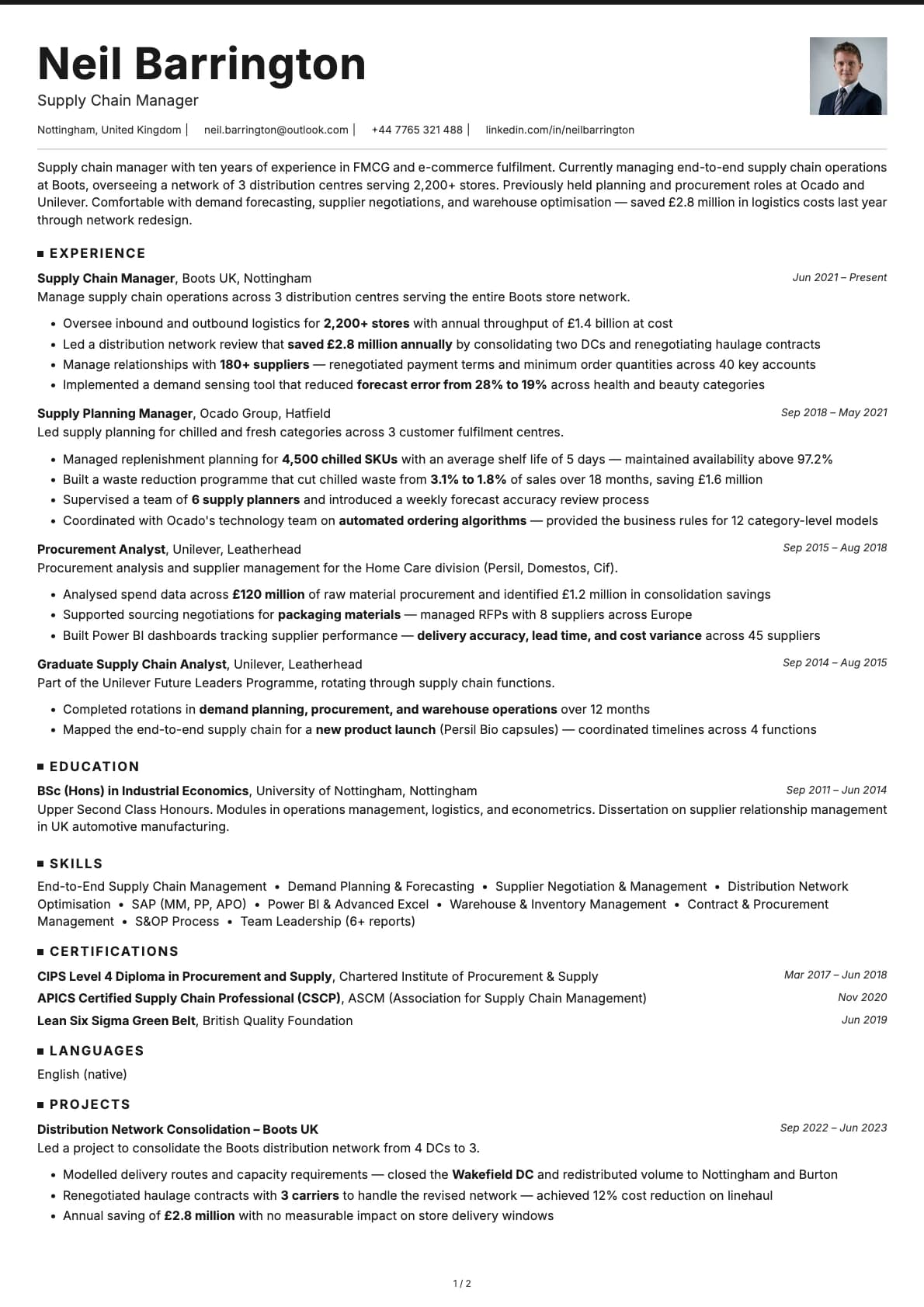 Supply Chain Manager resume example