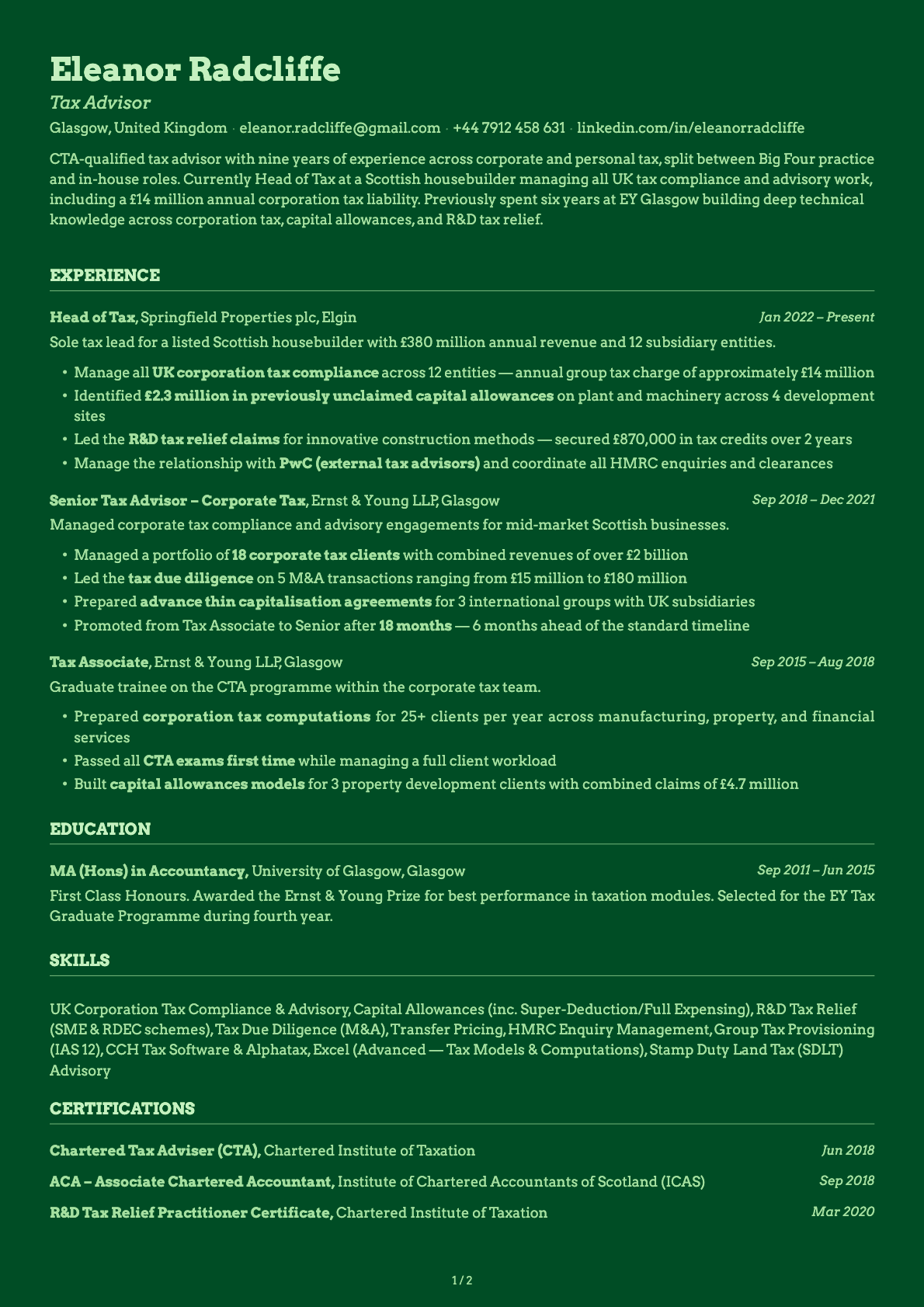 Tax Advisor resume example