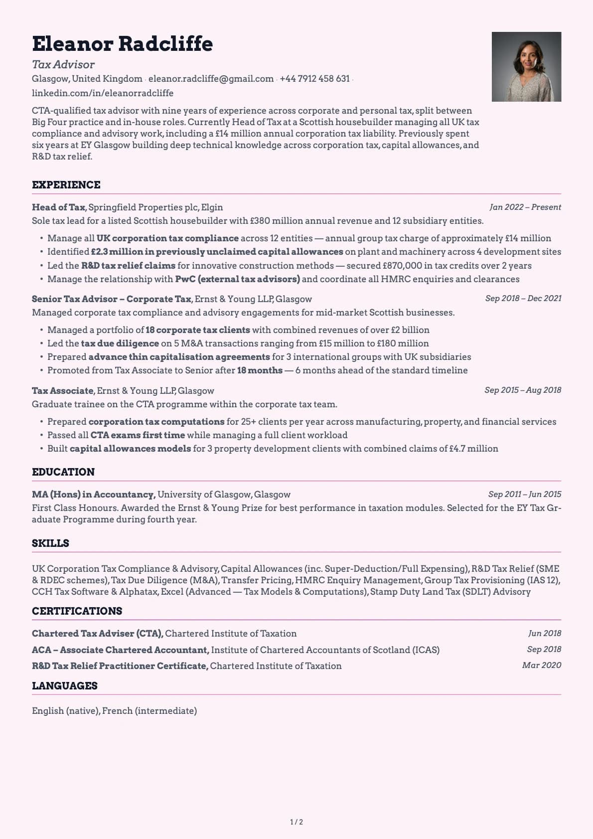 Tax Advisor resume example