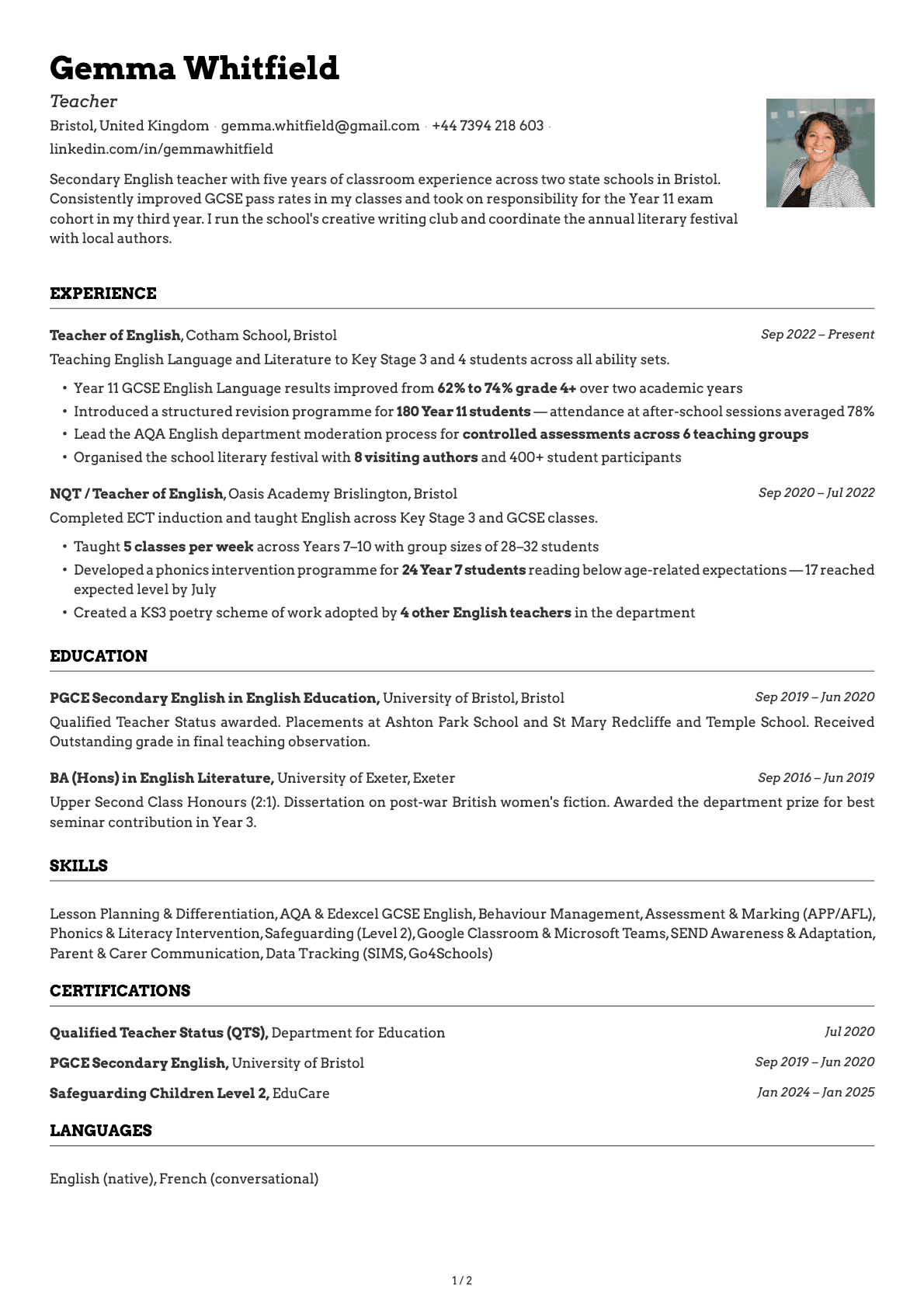 Teacher resume example