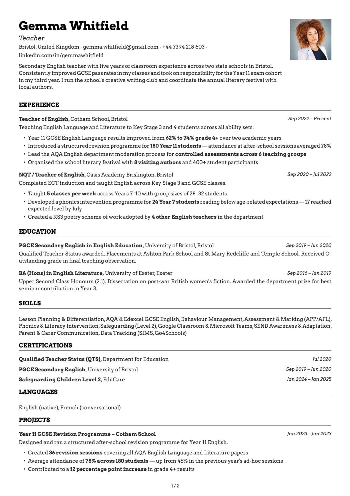 Teacher resume example